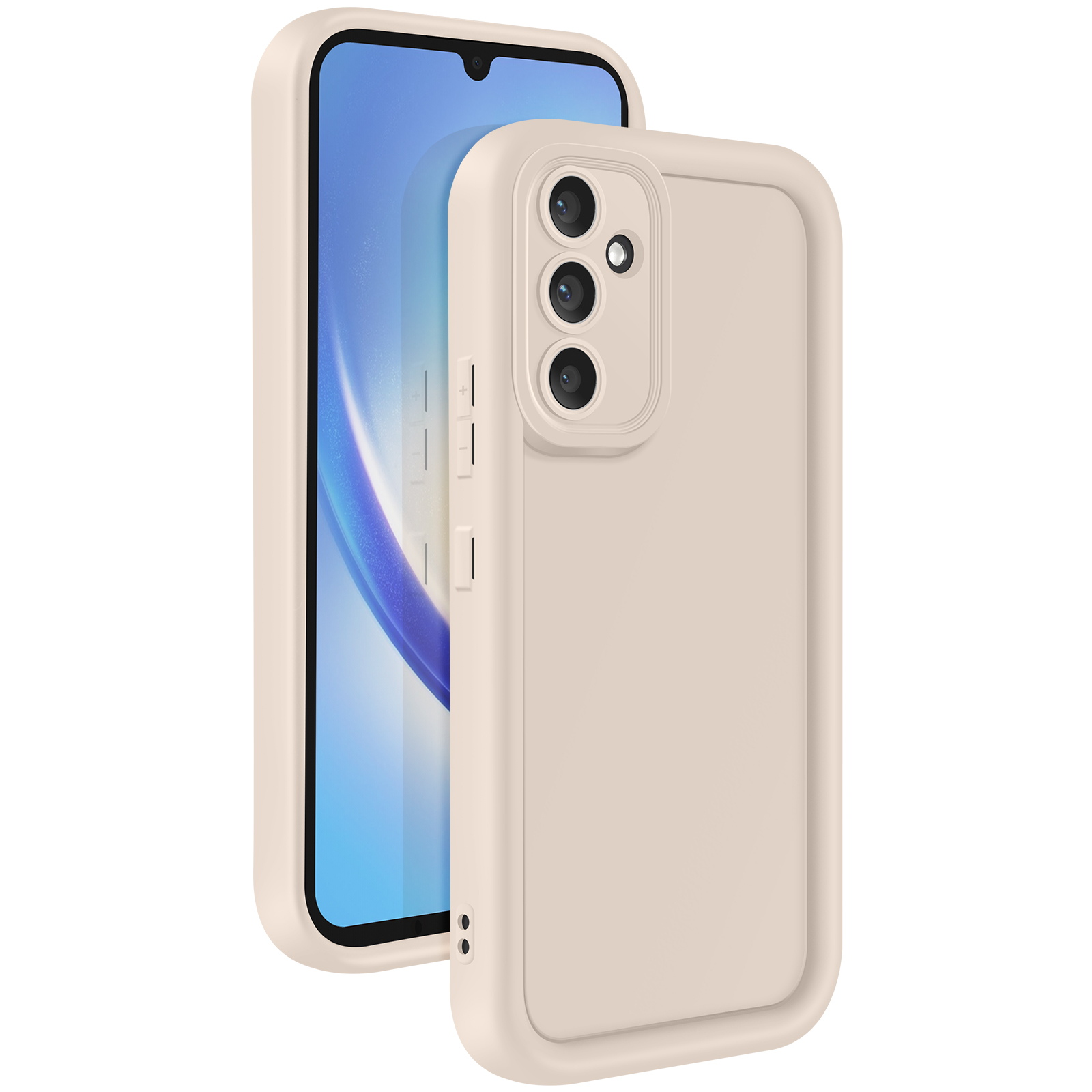 Smartphone in custodia beige, schermo con blu e bianco sfocati. Il telefono è angolato. Sfondo bianco.