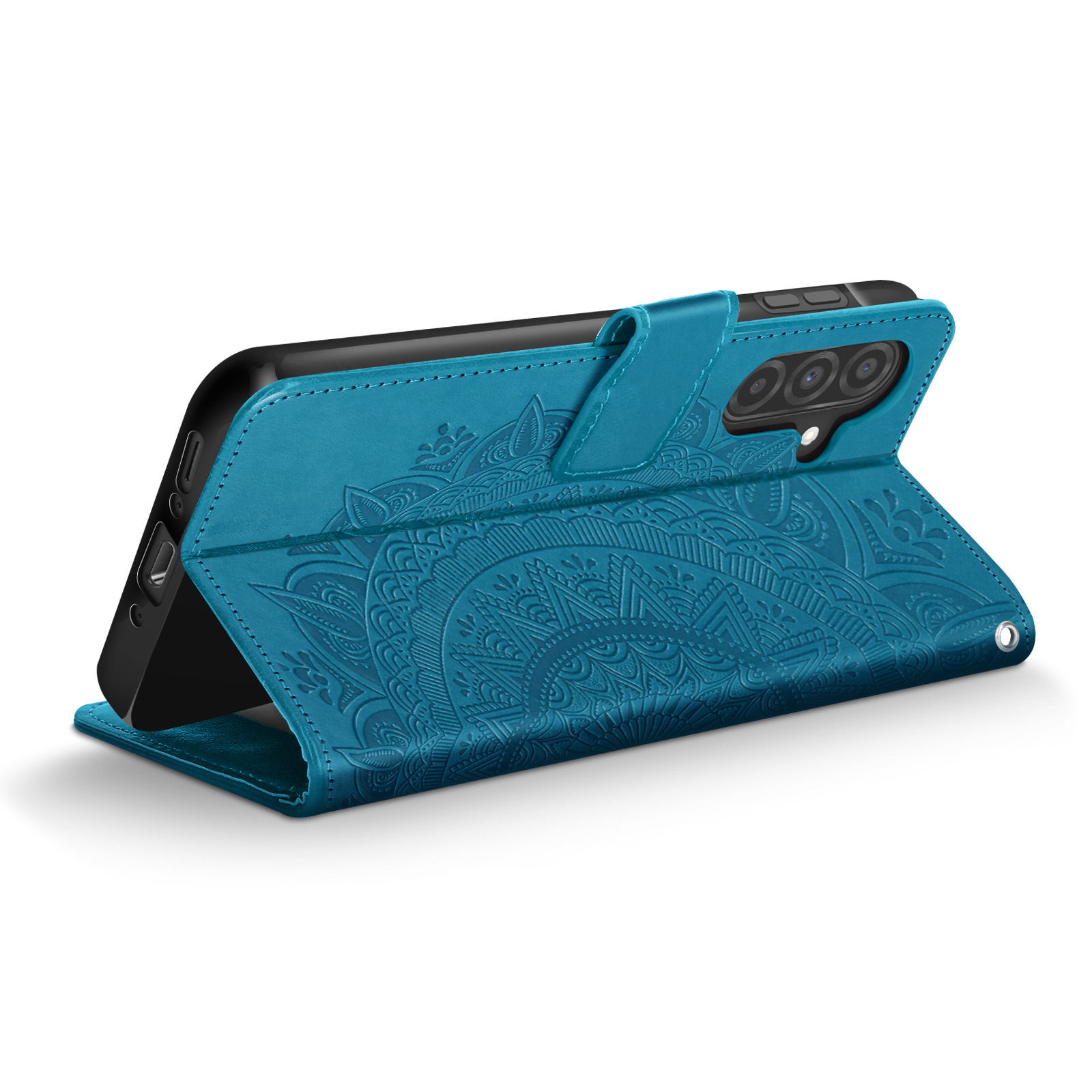 Custodia per telefono in pelle verde acqua, aperta, che mostra un motivo mandala dettagliato, con un telefono all'interno su sfondo bianco.