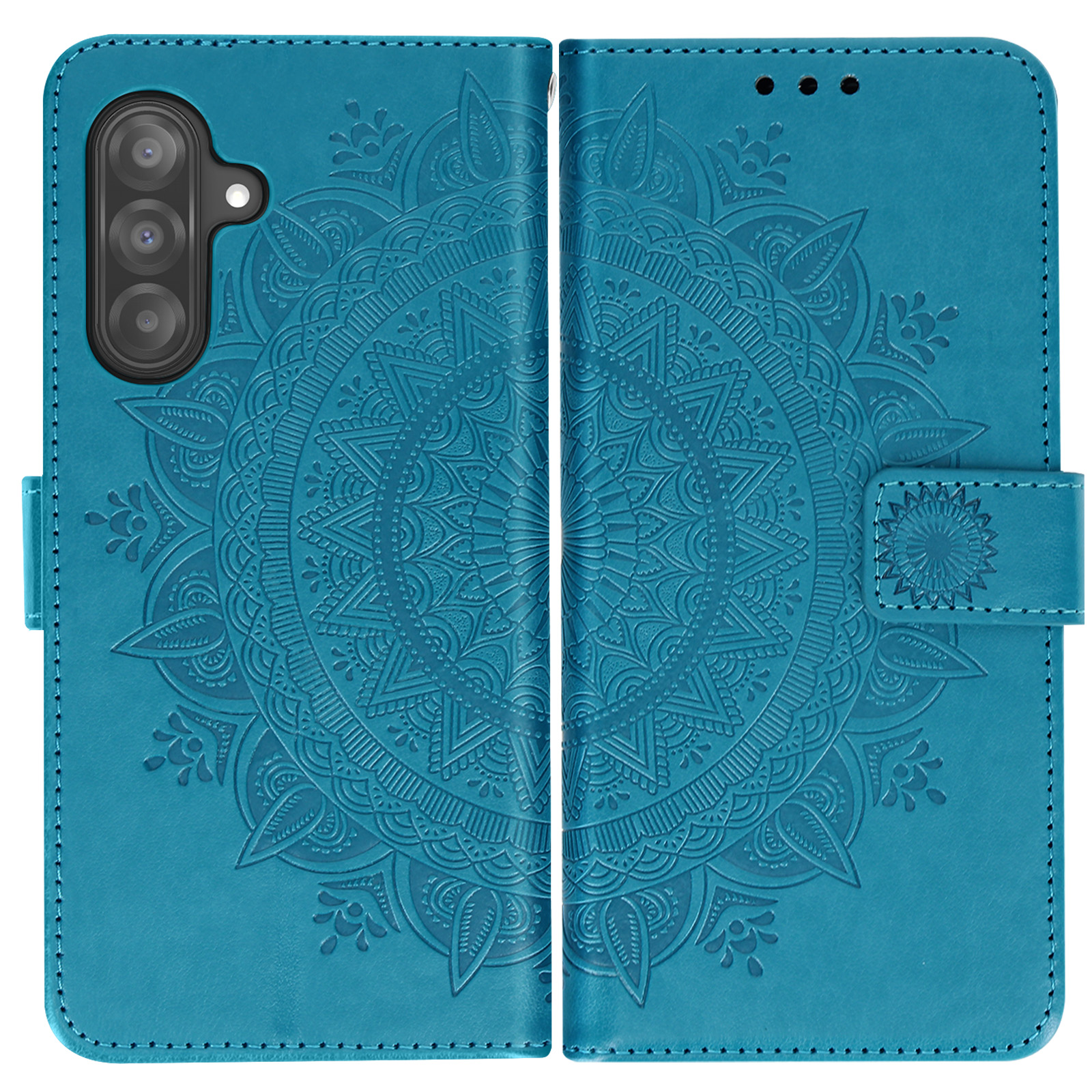 Una custodia per telefono di colore turchese, con un motivo mandala circolare.
