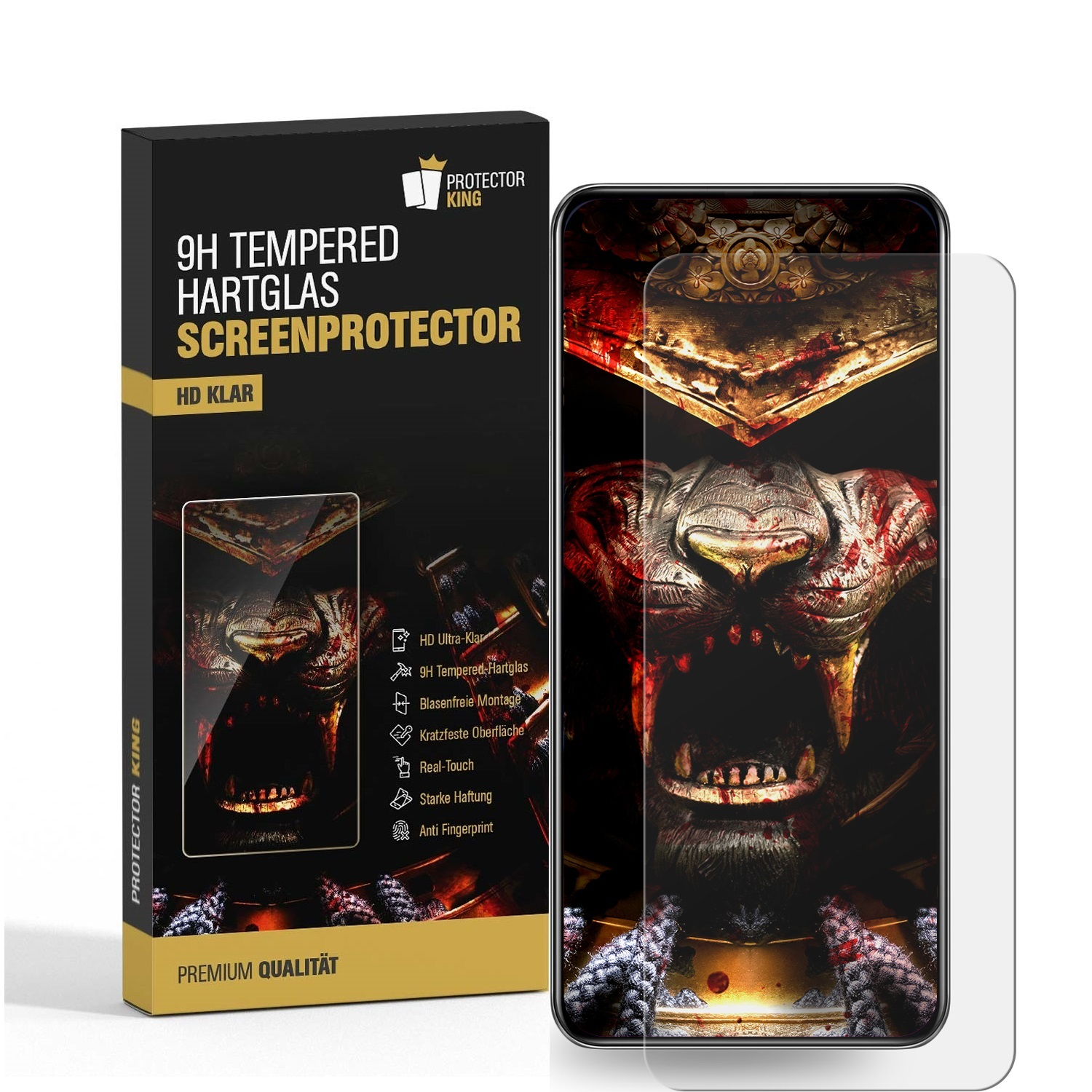 Telefon und Displayschutzfolien-Packung. Der Displayschutz befindet sich neben dem Telefon. Weißer Hintergrund.