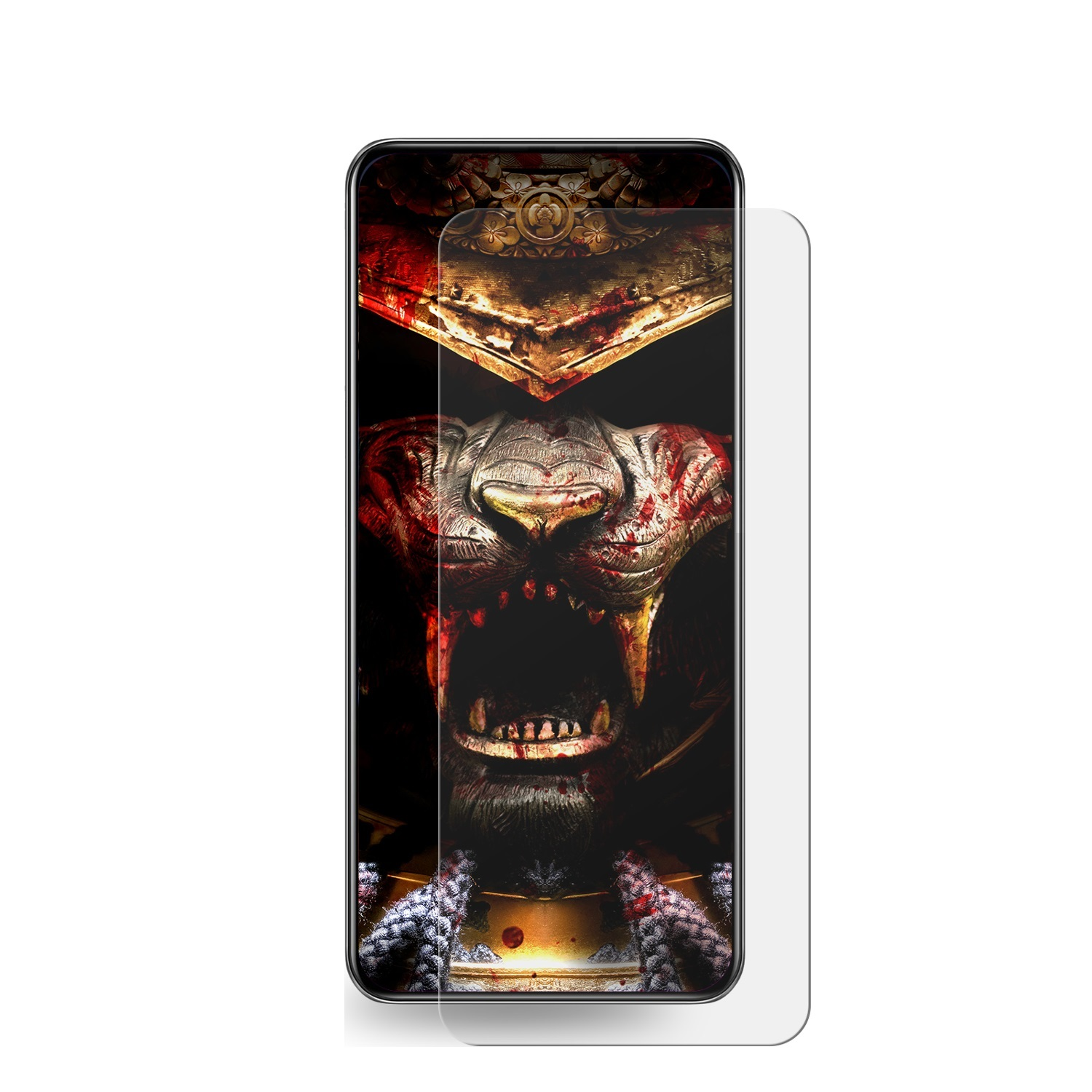 Telefon mit Displayschutz, der ein wildes Löwengesicht mit Blut zeigt, auf schwarzem Hintergrund.