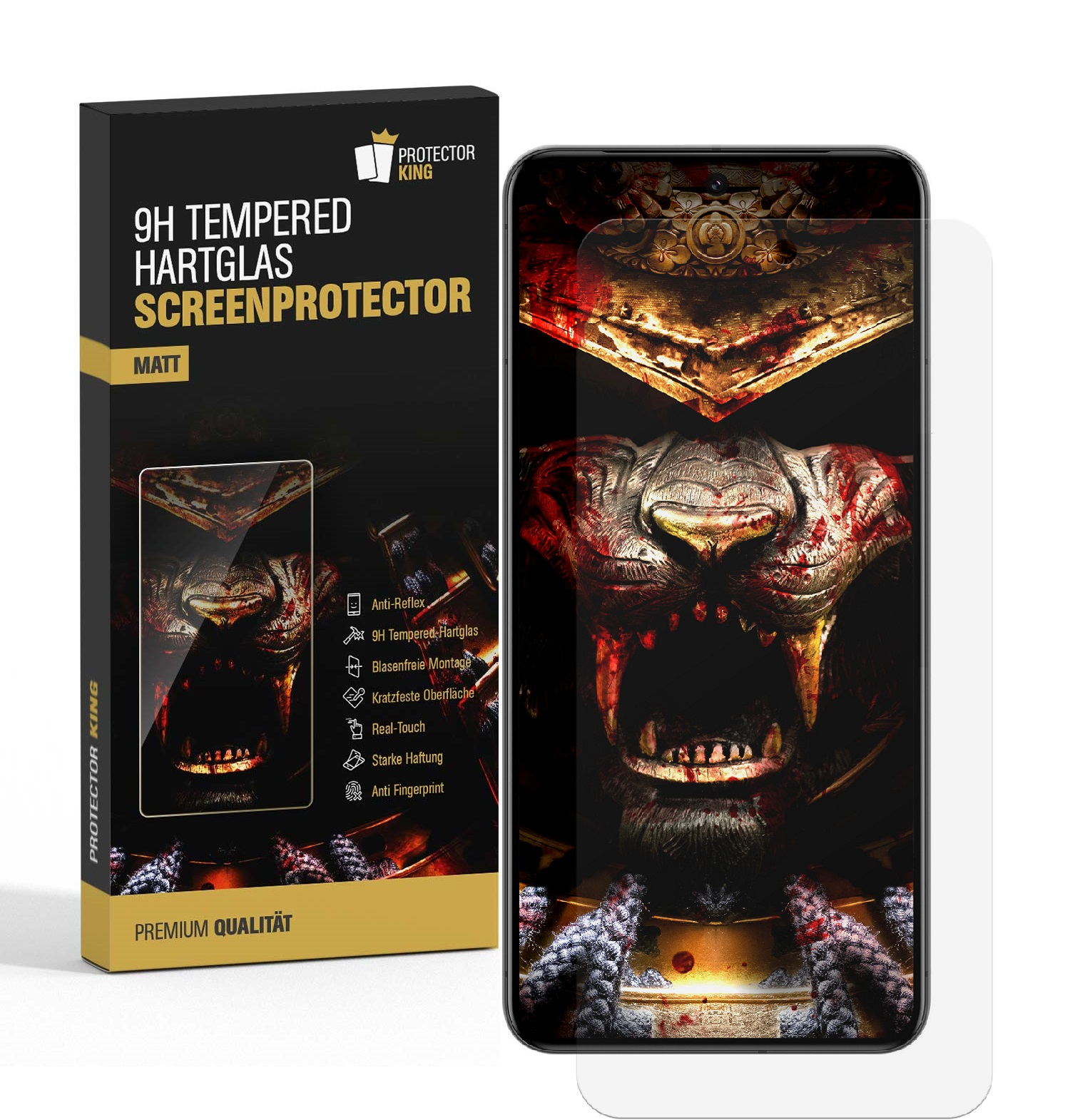 Telefon und Displayschutzfolien-Packung. Displayschutzfolie neben dem Telefon. Weißer Hintergrund.