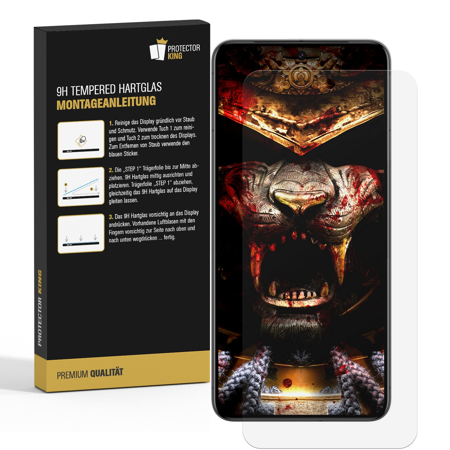 Ein Displayschutz für Telefone mit Anweisungen und ein Telefon mit einer Illustration.