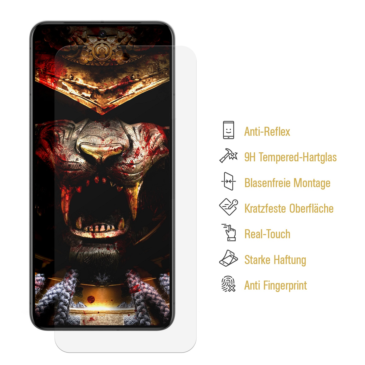 Telefon mit Displayschutz, Löwenbild und Funktionen auf der Seite aufgelistet.