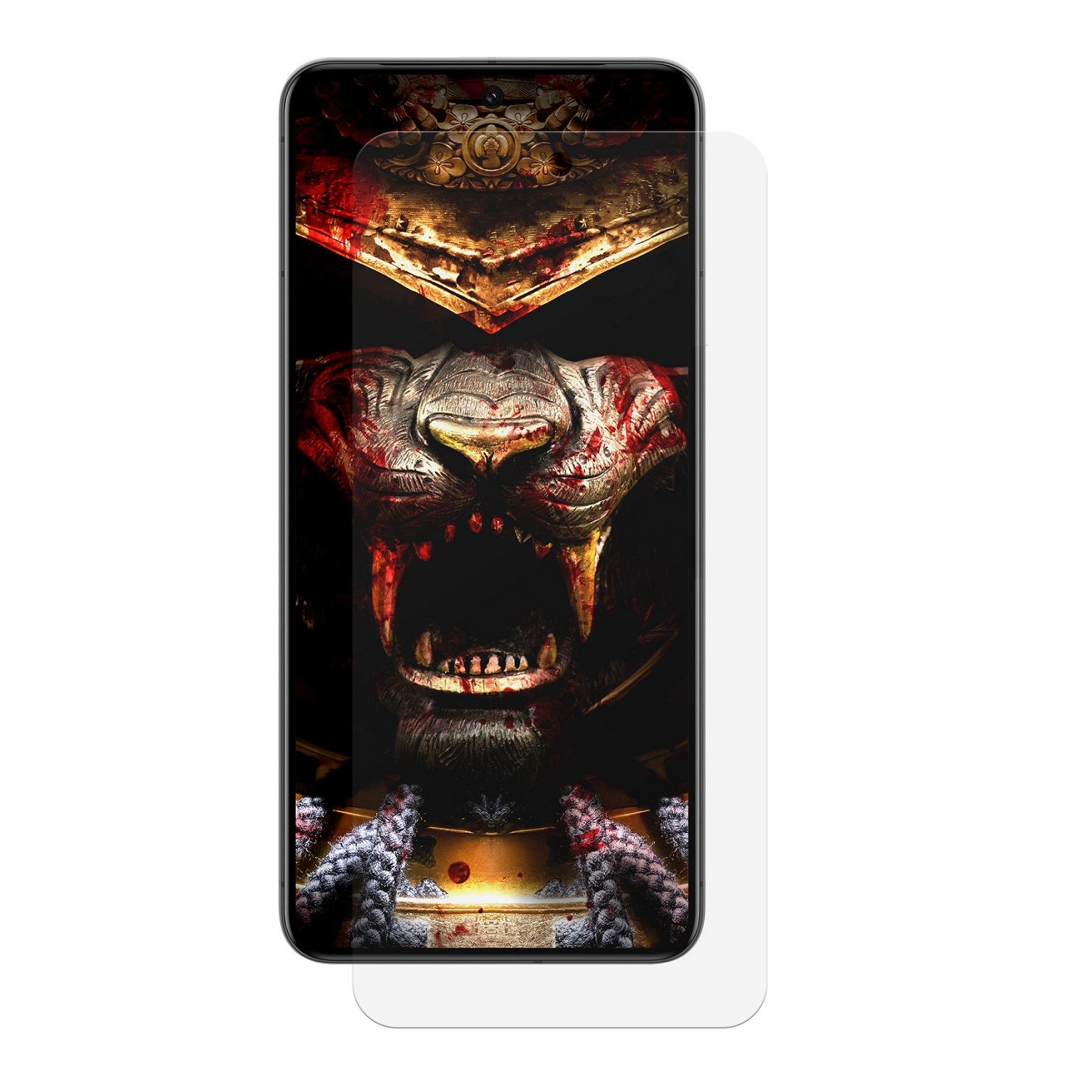 Telefonbildschirm mit einer Krieger-Illustration und einem klaren Displayschutz.