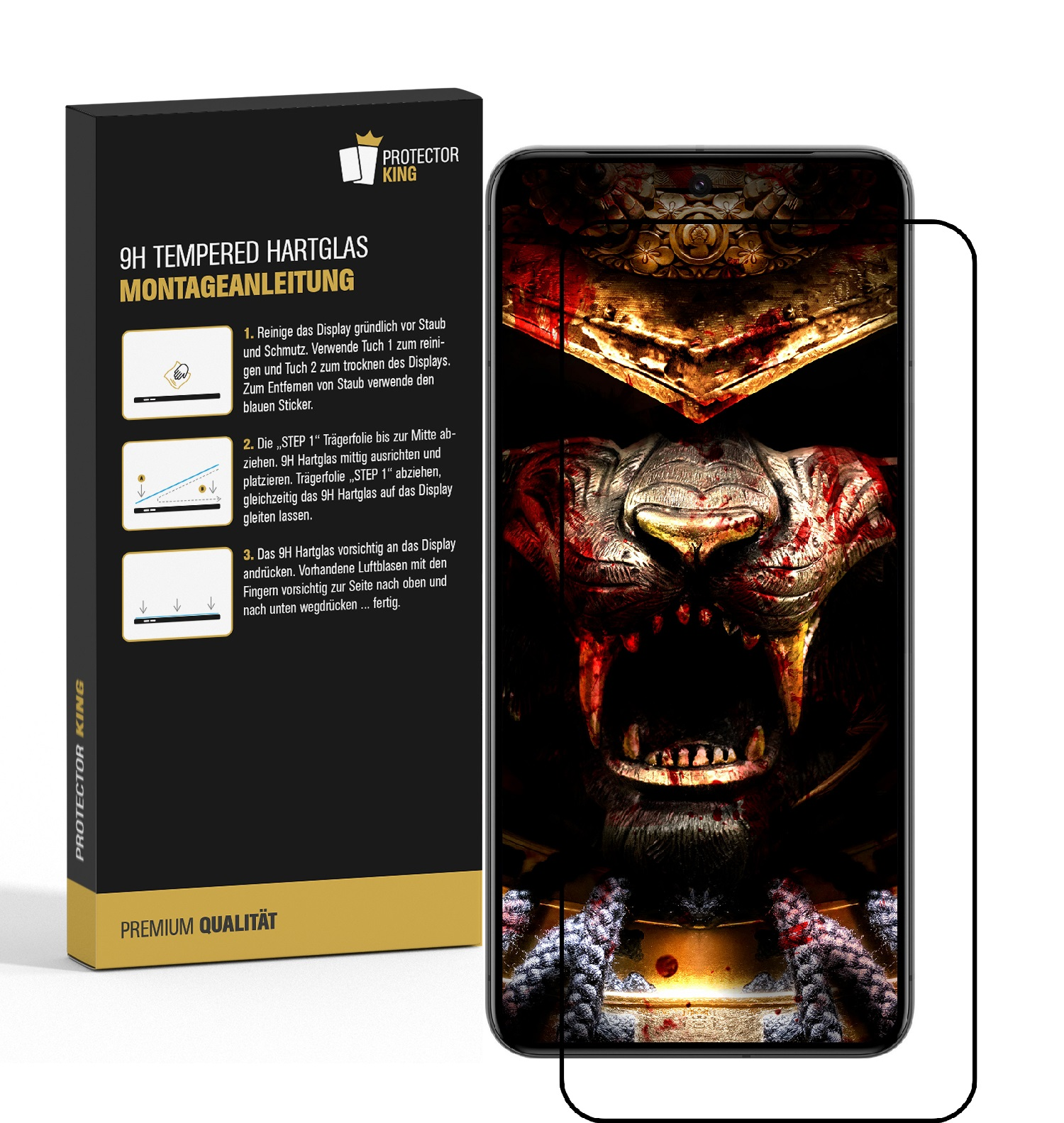 Telefon mit Displayschutzfolie, zeigt ein Löwenbild und eine Box mit Installationsanweisungen.