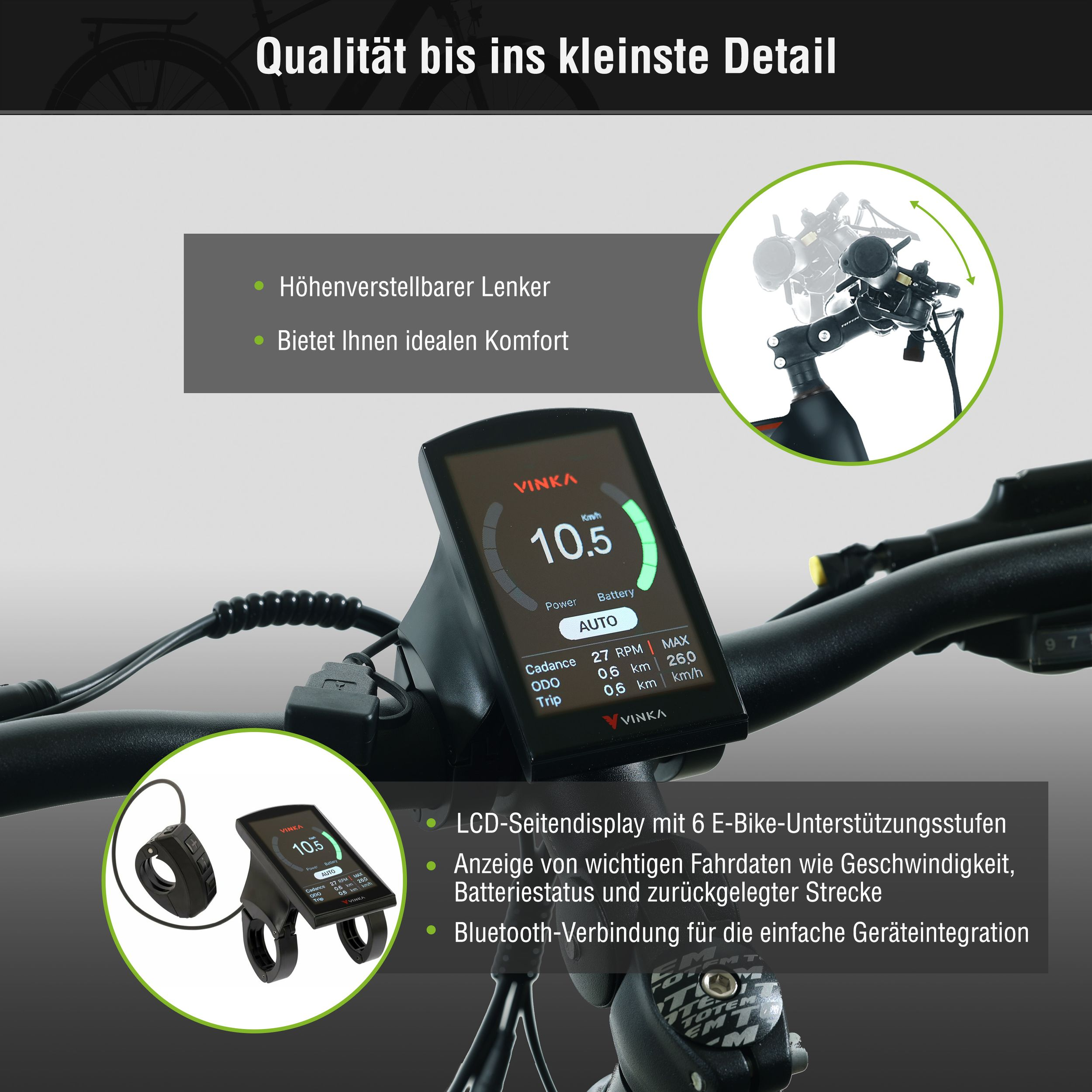 Nahaufnahme eines Fahrrad-Displays mit Geschwindigkeit, Akku und anderen Daten. Text deutsch.