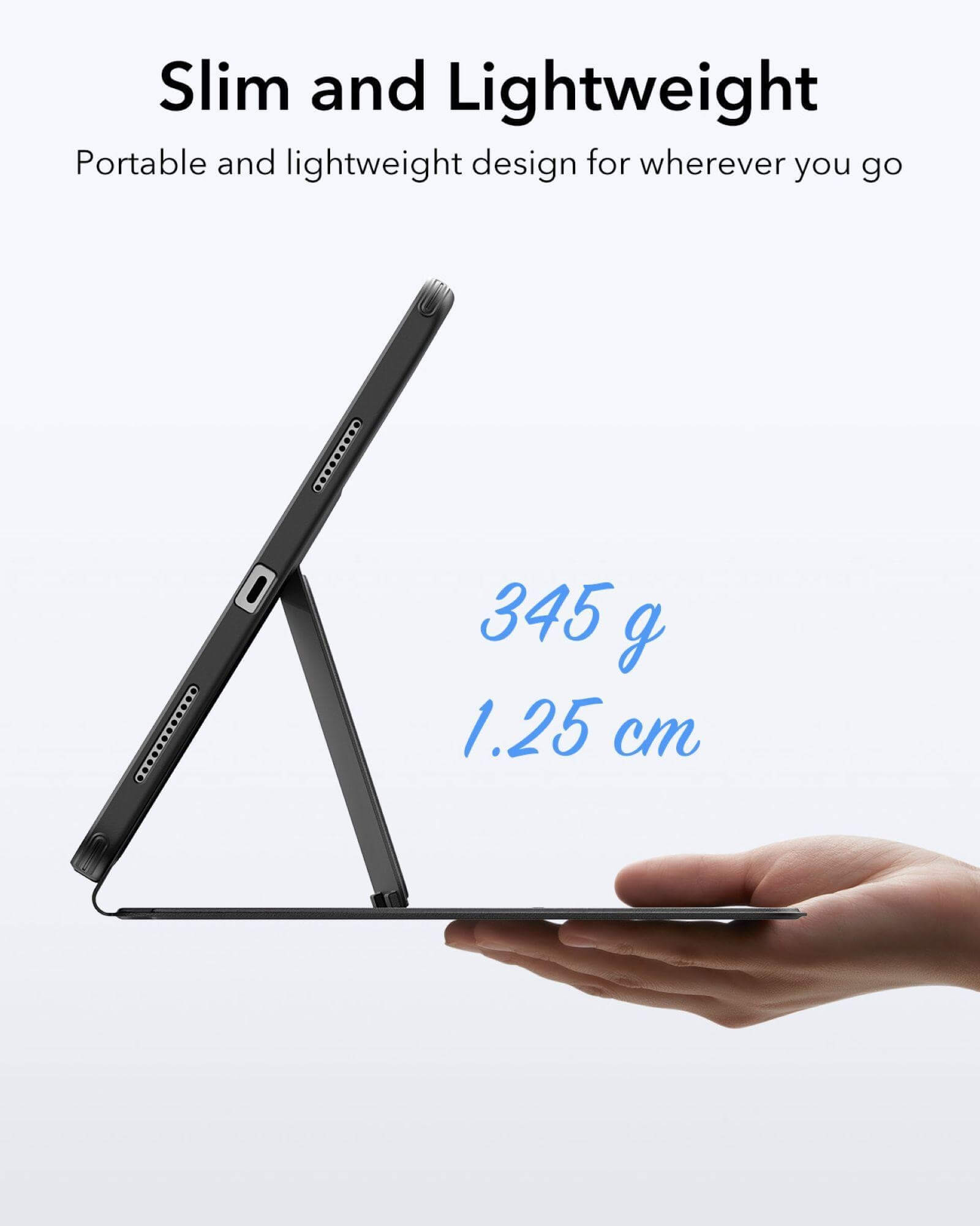 Tablet-Hülle, die aufrecht steht, mit Maßen und Gewichtsangaben.