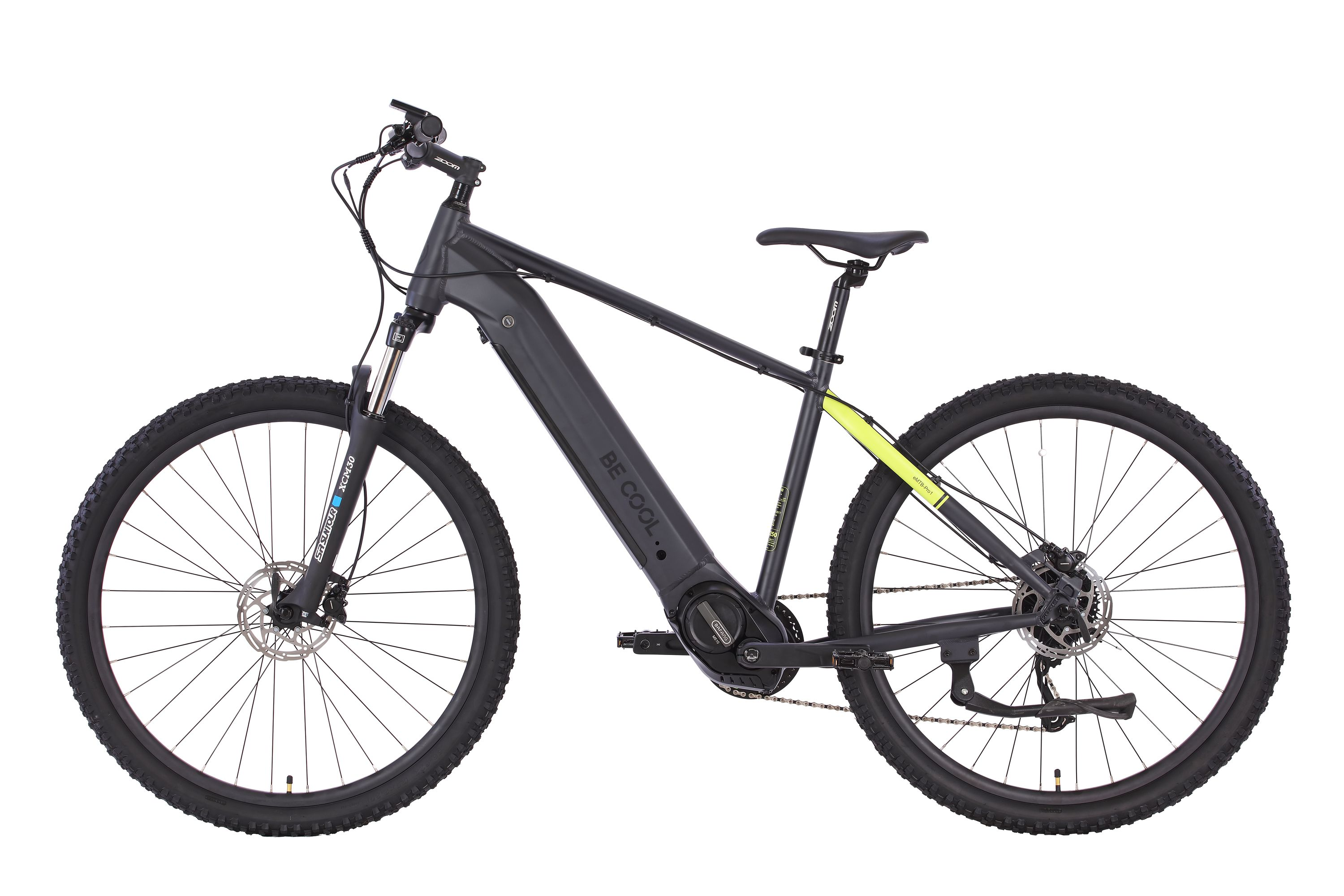 Schwarz-graues E-Bike mit gelben Akzenten, von der Seite vor weißem Hintergrund.