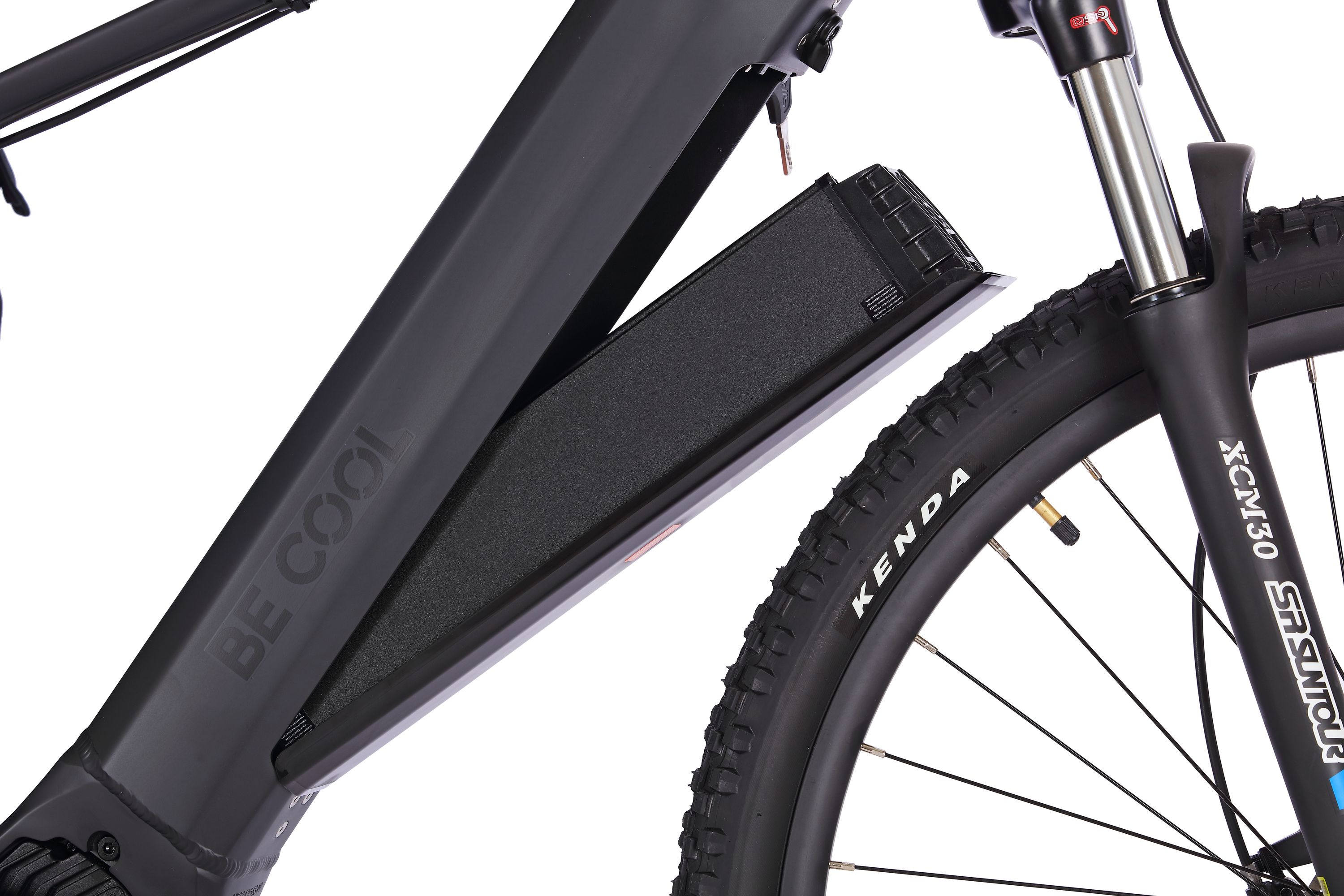 Nahaufnahme des E-Bike-Rahmens, Akku sichtbar.