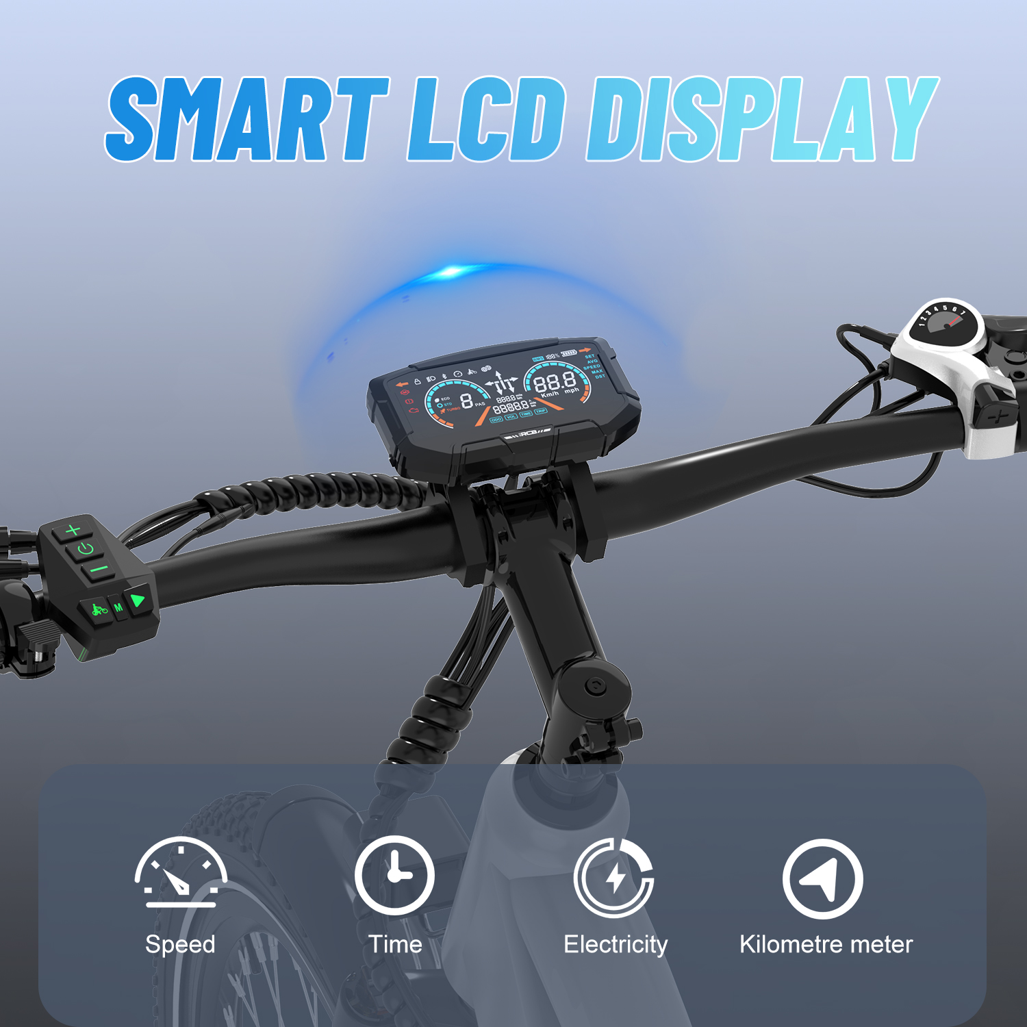E-Bike-Lenker mit Smart-LCD-Display, das Geschwindigkeit, Zeit, Strom und Kilometer anzeigt.