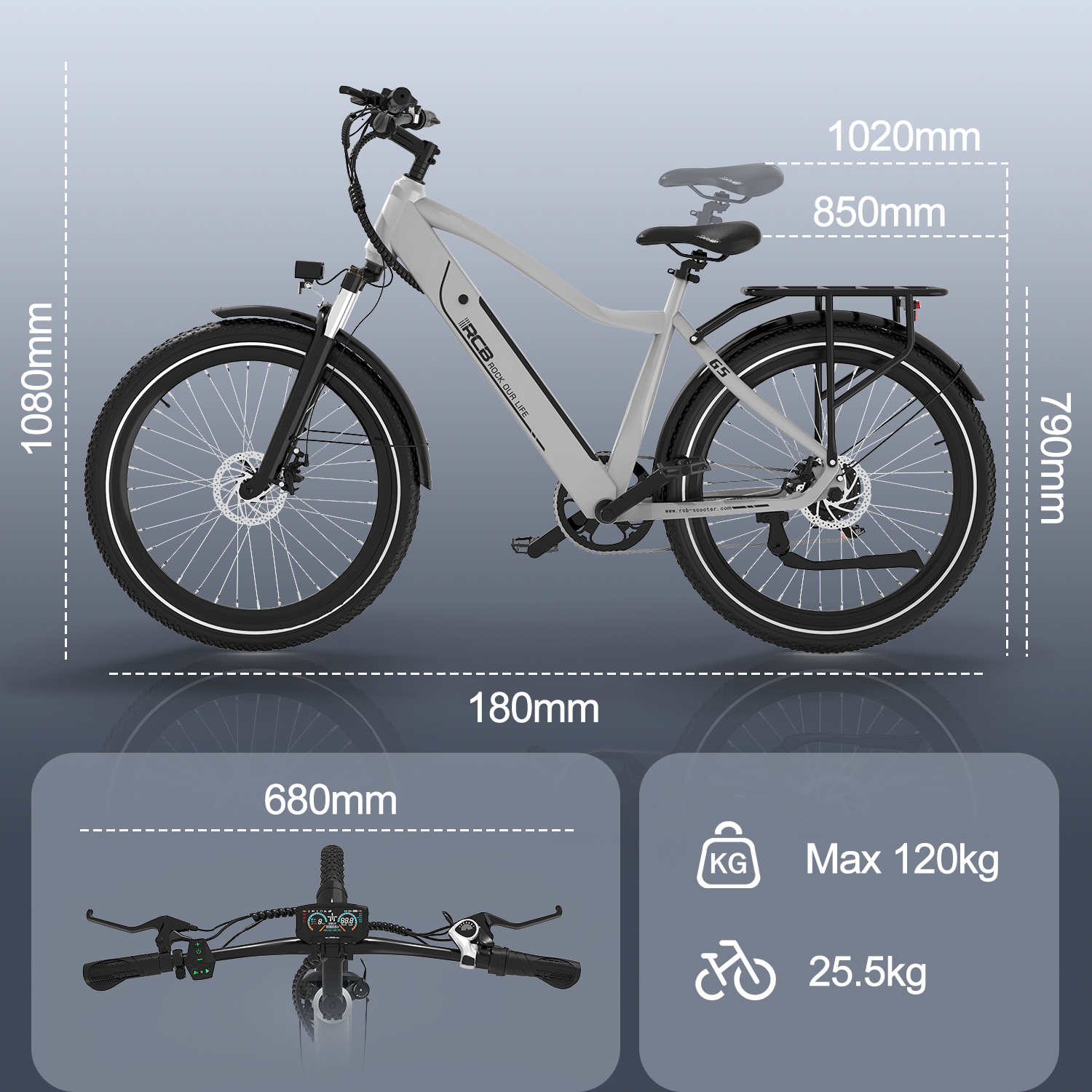 E-Bike mit Markierungen für Maße und Abmessungen. Der Hintergrund ist weiß.