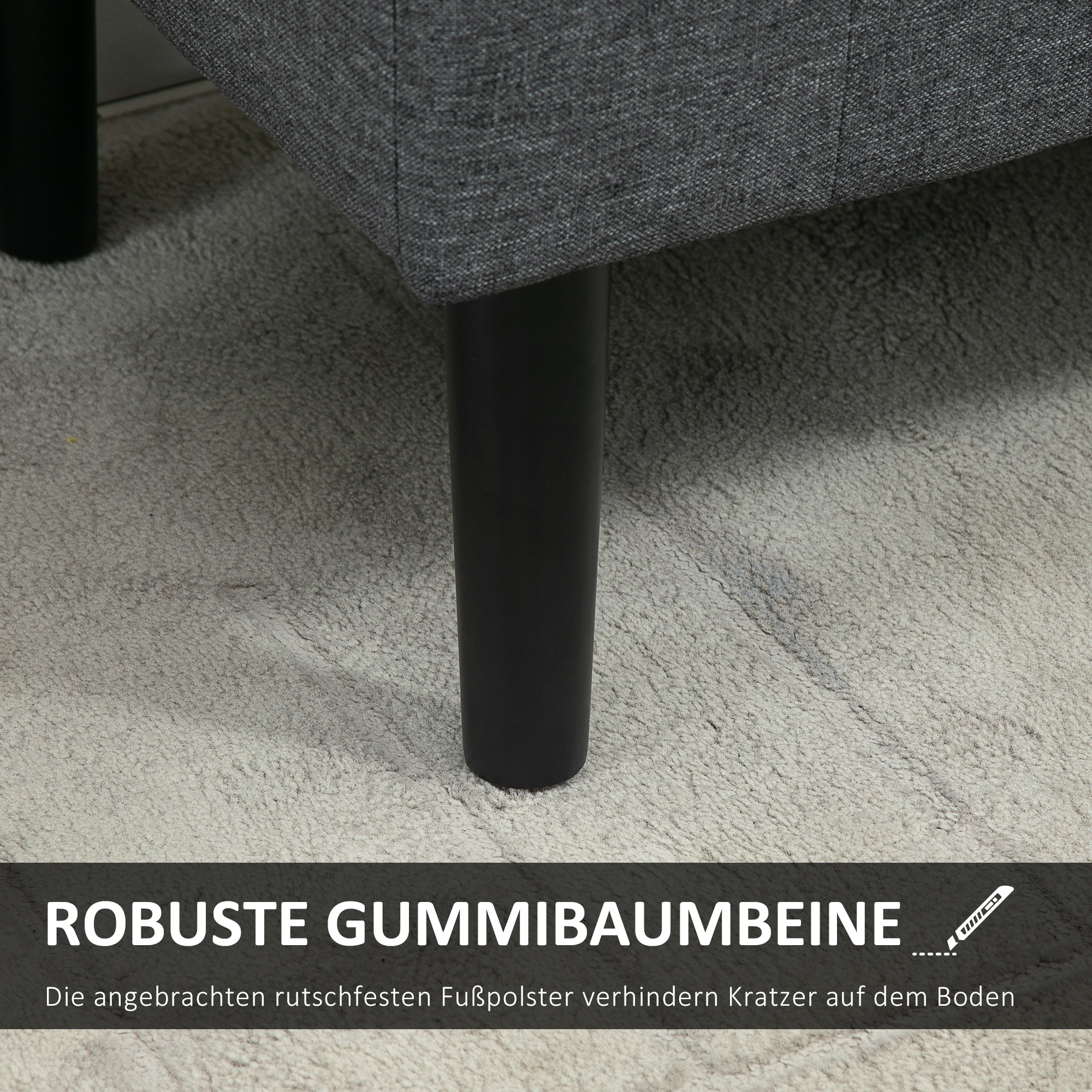 Nahaufnahme eines grauen Sofabeins auf einem Teppich. Text: robuste Gummibaumbeine.