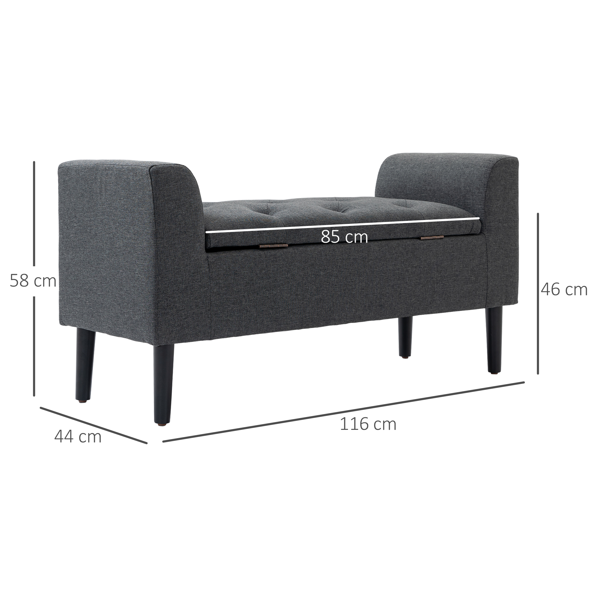 Eine graue Aufbewahrungsbank mit den Maßen: 116 cm lang, 44 cm breit, 46 cm hoch und 85 cm Sitzbreite.