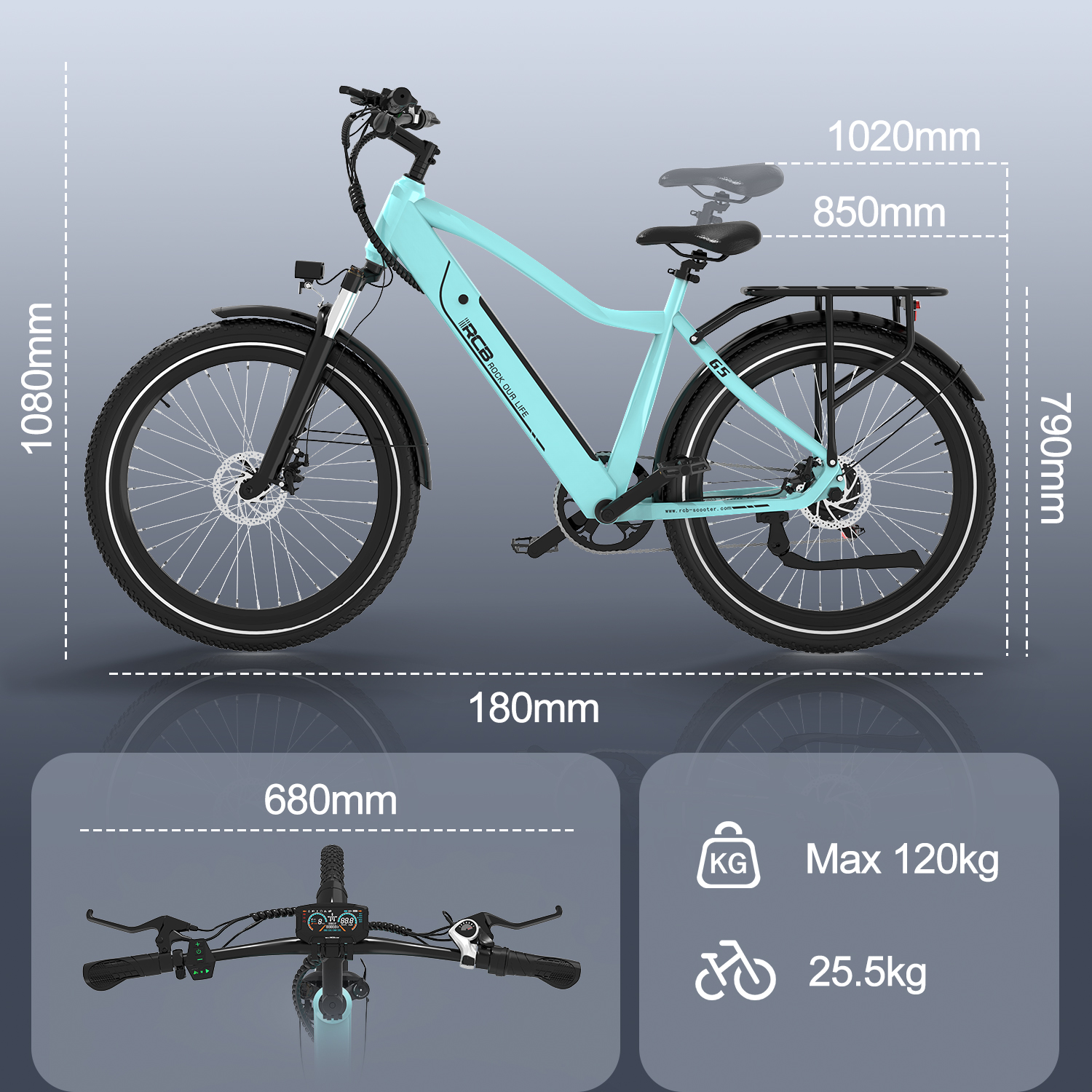 Een turquoise elektrische fiets met afmetingen weergegeven. De fiets staat op een witte achtergrond.