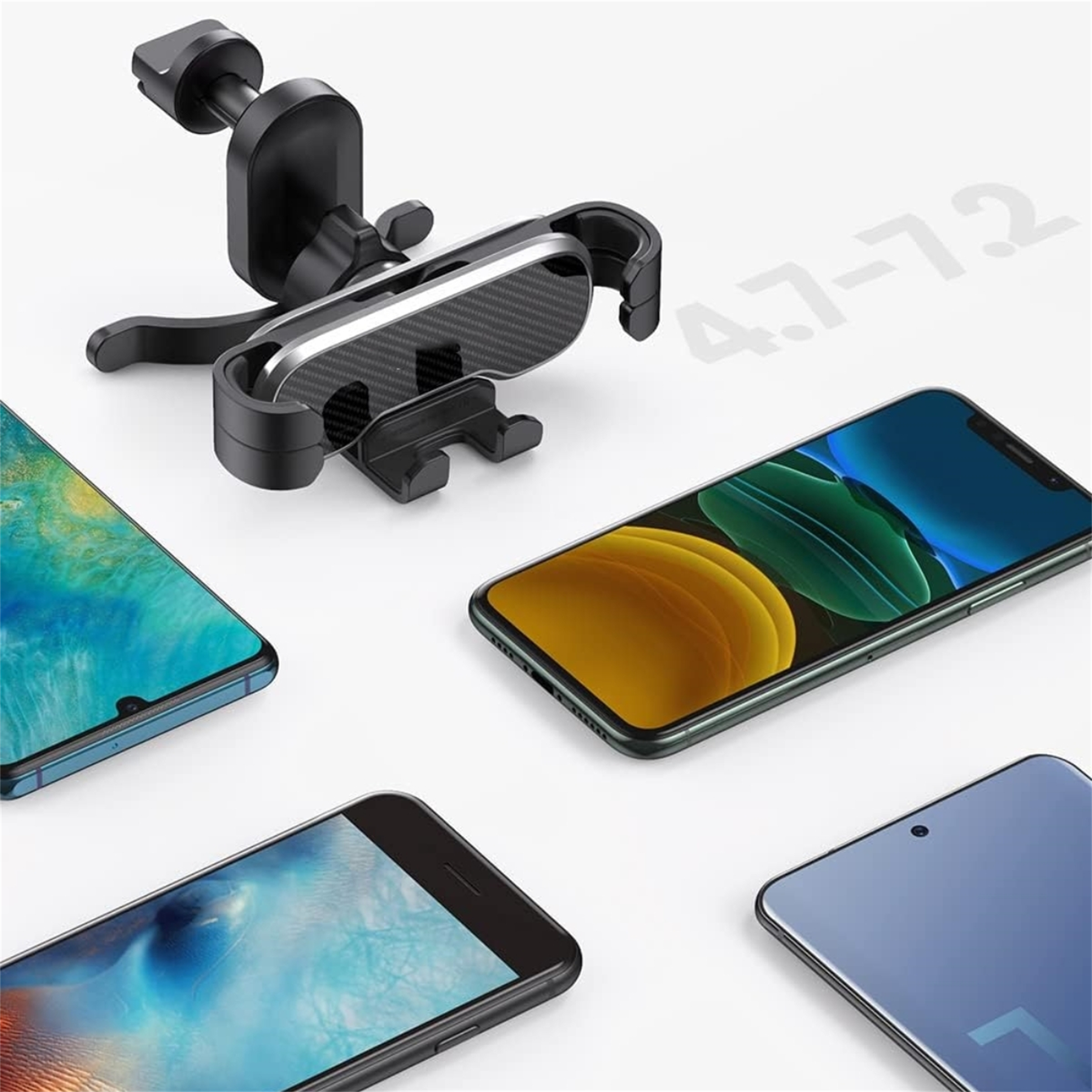 Autohalterung für Telefone mit mehreren Smartphones, die verschiedene Bildschirmdesigns zeigen.