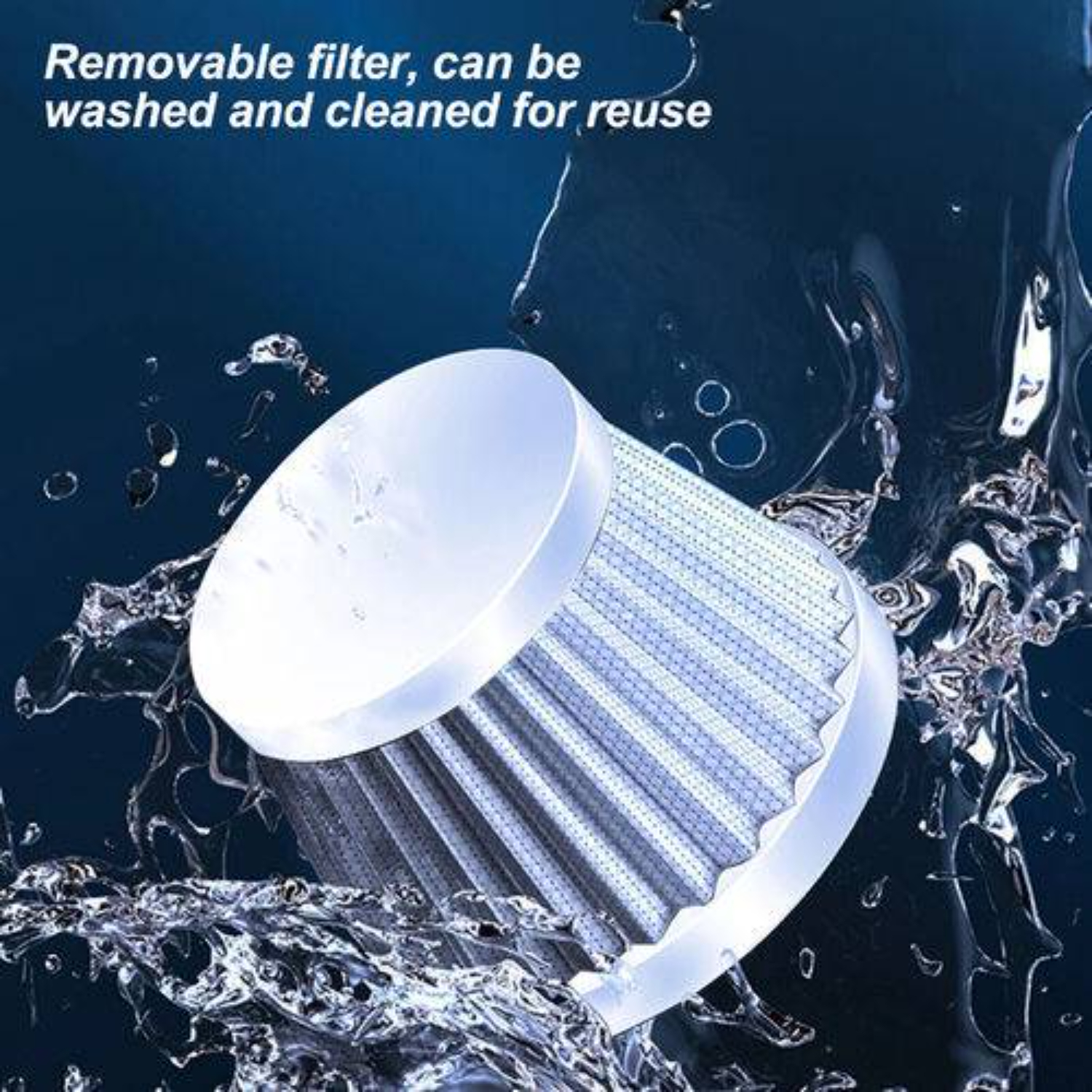 Ein herausnehmbarer Filter, der mit Wasser gewaschen wird, zeigt den Reinigungsprozess.