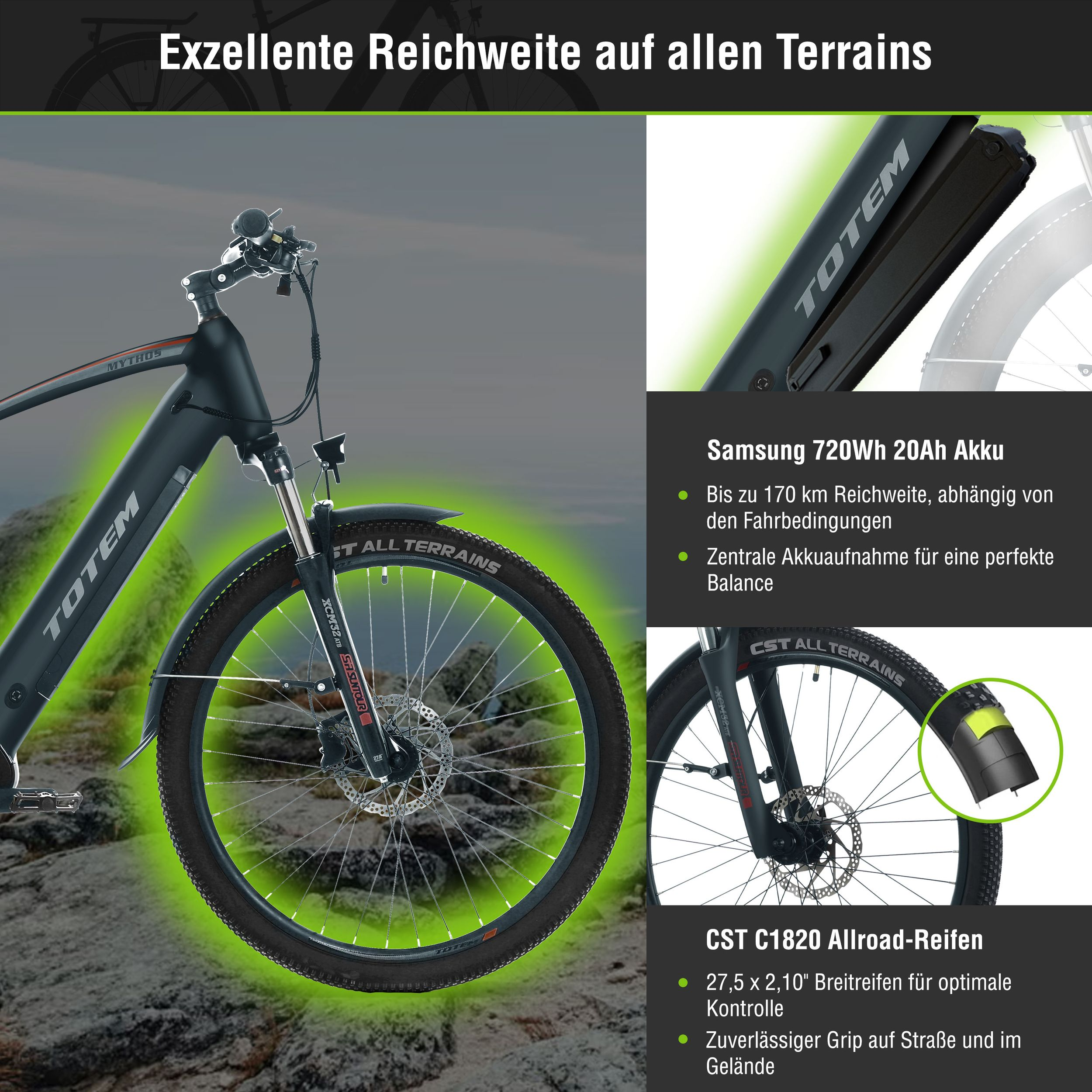 Nahaufnahme eines E-Bikes, Hervorhebung von Akku, Reifen und Komponenten, mit grünen Akzenten.