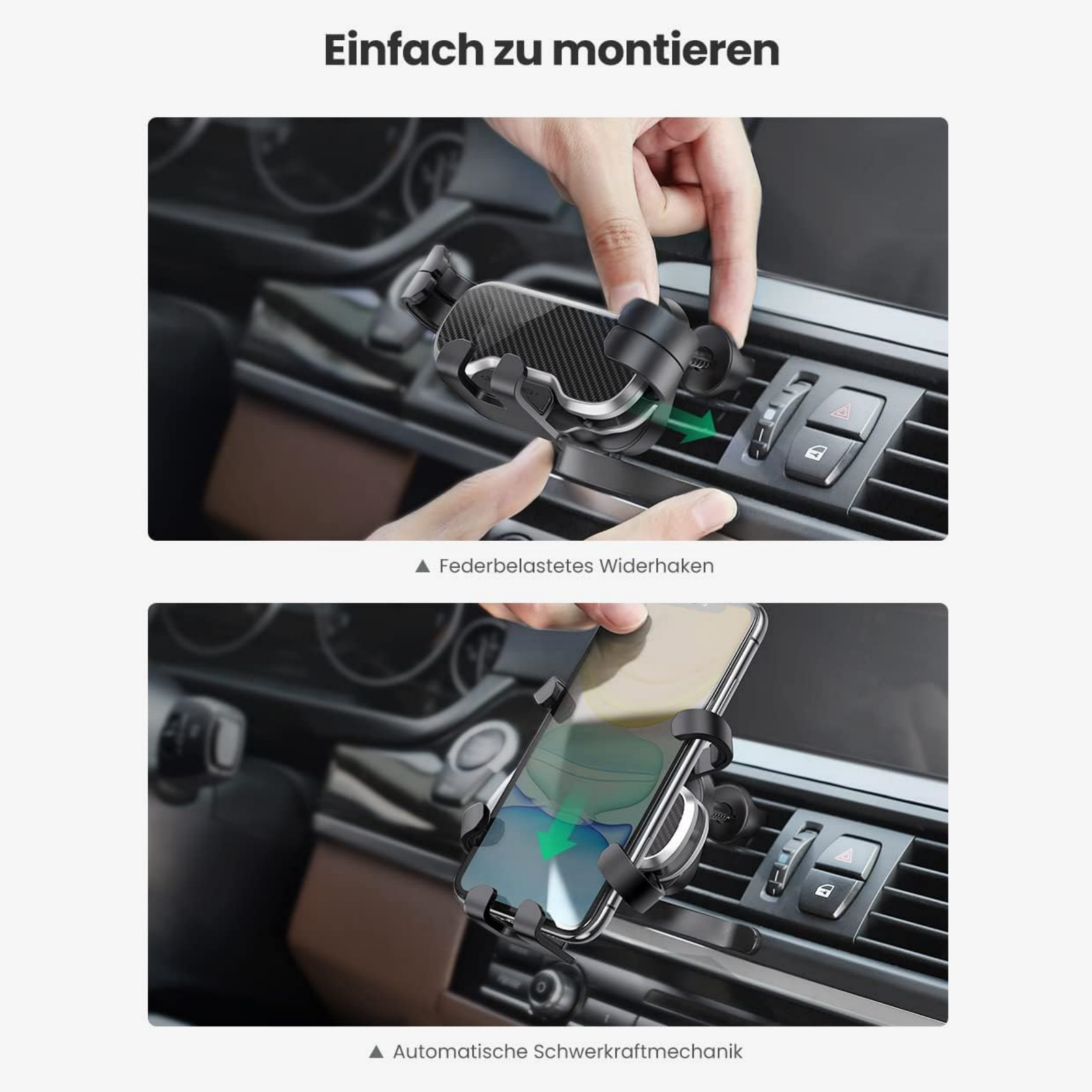 Einbau der Autotelefonhalterung. Der Halter wird am Lüfter montiert. Automatische Schwerkraftmechanik.