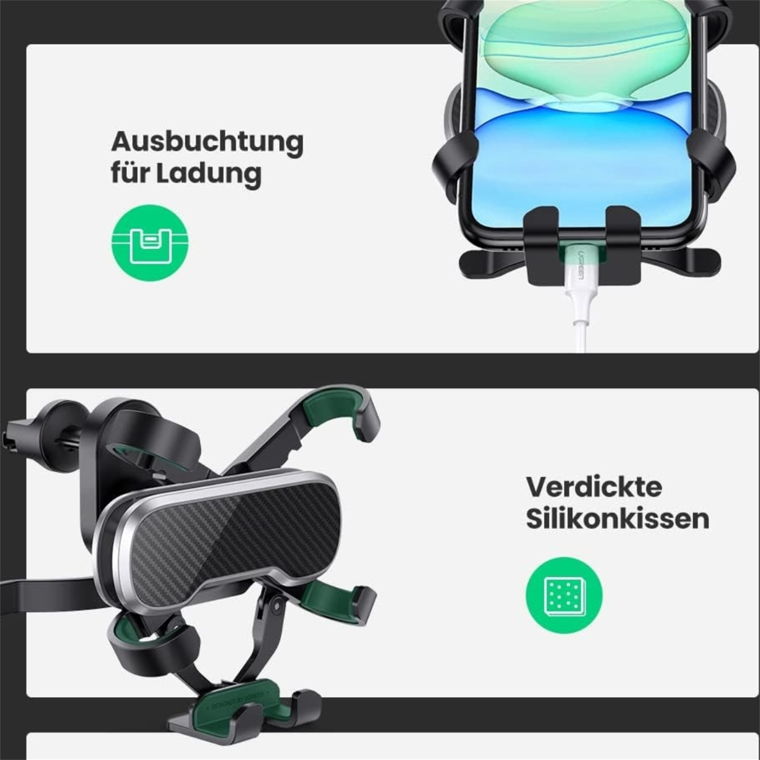 Telefonhalter mit ladendem Telefon, Produktdetails, mit grünen Highlights.
