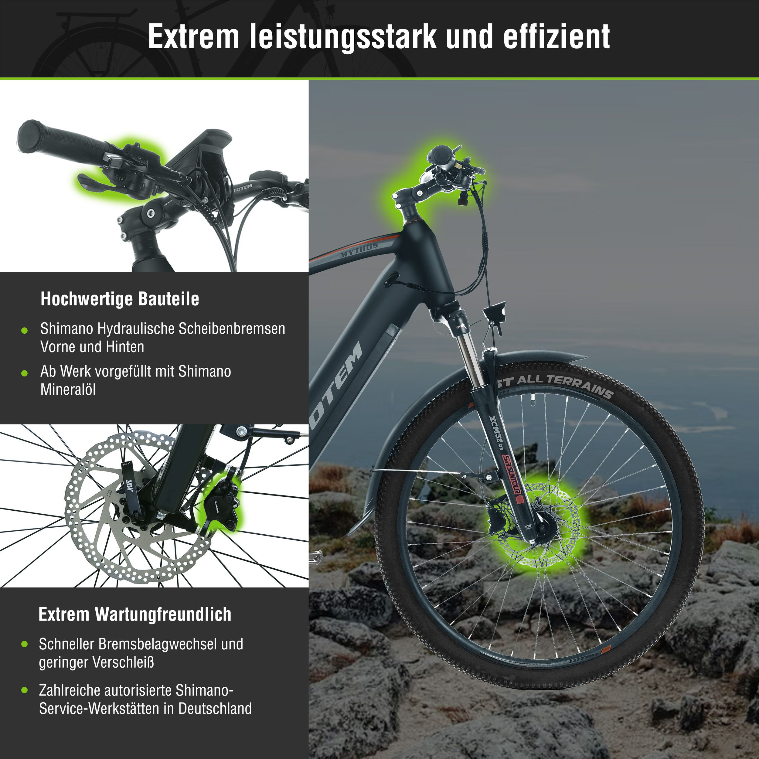 E-Bike-Teile: Scheibenbremsen, Griffkomponenten und andere Merkmale, mit grünen Highlights.