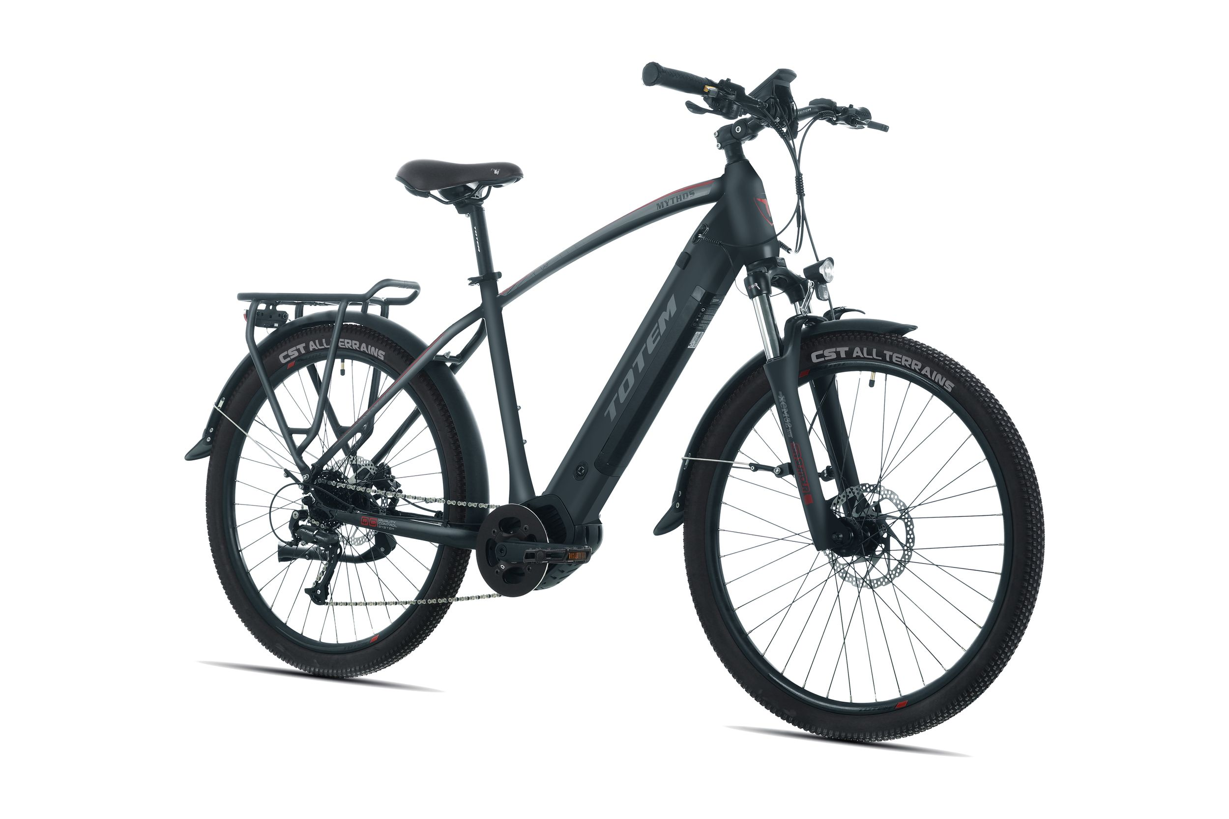 Schwarzes Elektrofahrrad auf weißem Hintergrund. Es hat einen schwarzen Rahmen und Reifen mit dem Totem-Logo auf dem Rahmen.