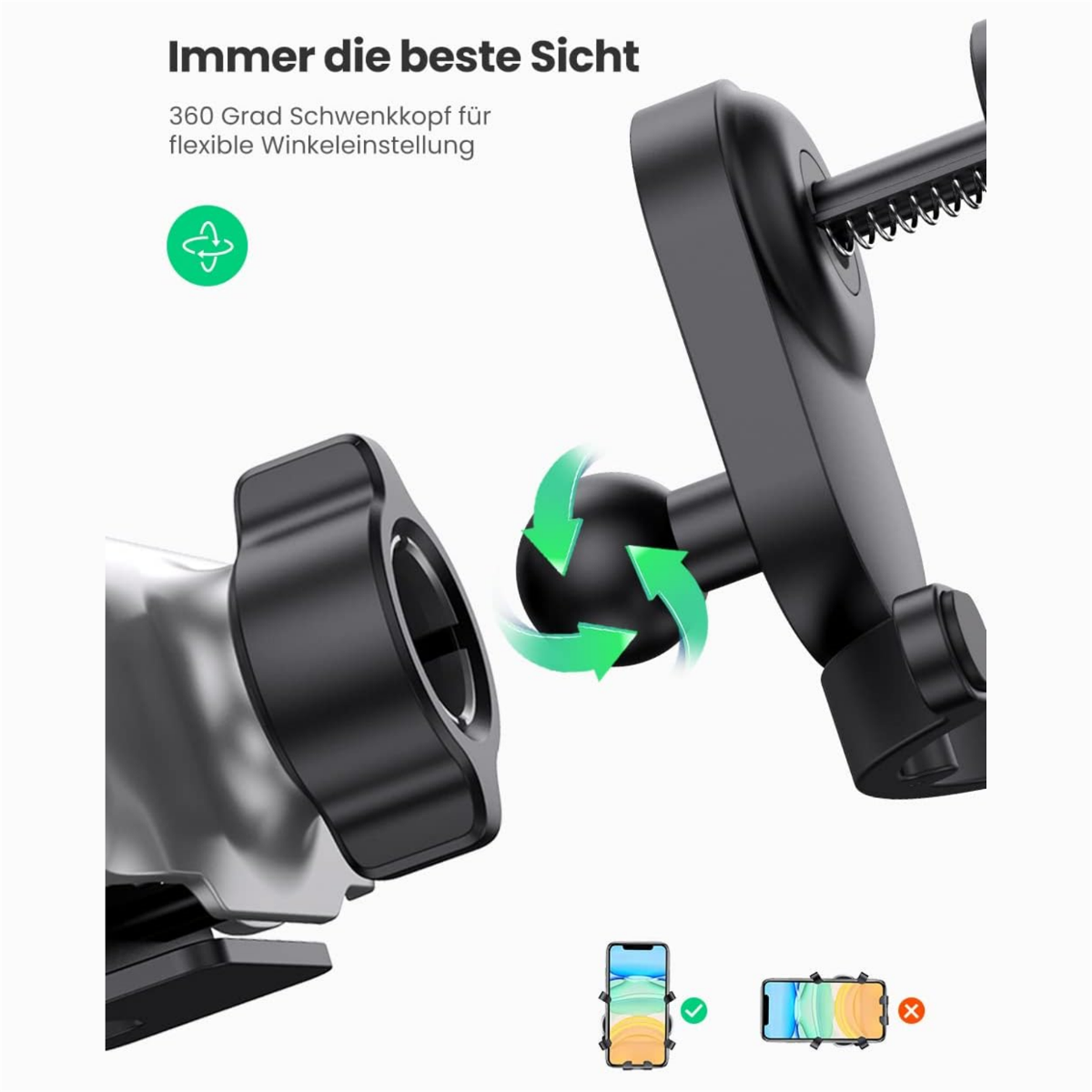 Ein Telefonhalter mit angeschlossenem Telefon. Text auf Deutsch. Grüne Pfeile zeigen die Drehung an.
