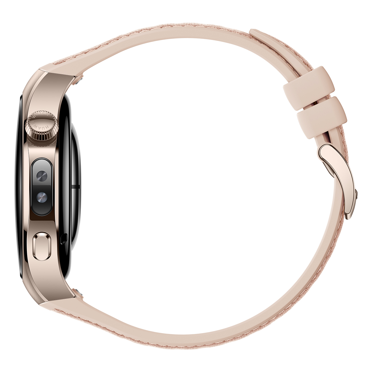 Zijaanzicht van een gouden smartwatch met een roze bandje. Het horloge toont de tijd en staat op een witte achtergrond.