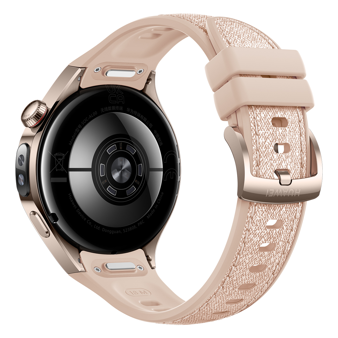 Achteraanzicht van gouden smartwatch met roze bandje. Het horloge heeft een zwarte achterkant en een roze bandje, witte achtergrond.