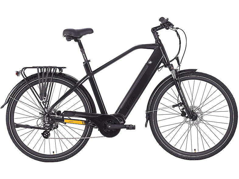 BE COOL City E-Bike Hi1 Herren Citybike (Laufradgröße: 28 Zoll, Unisex-Rad, Schwarz/Orange)