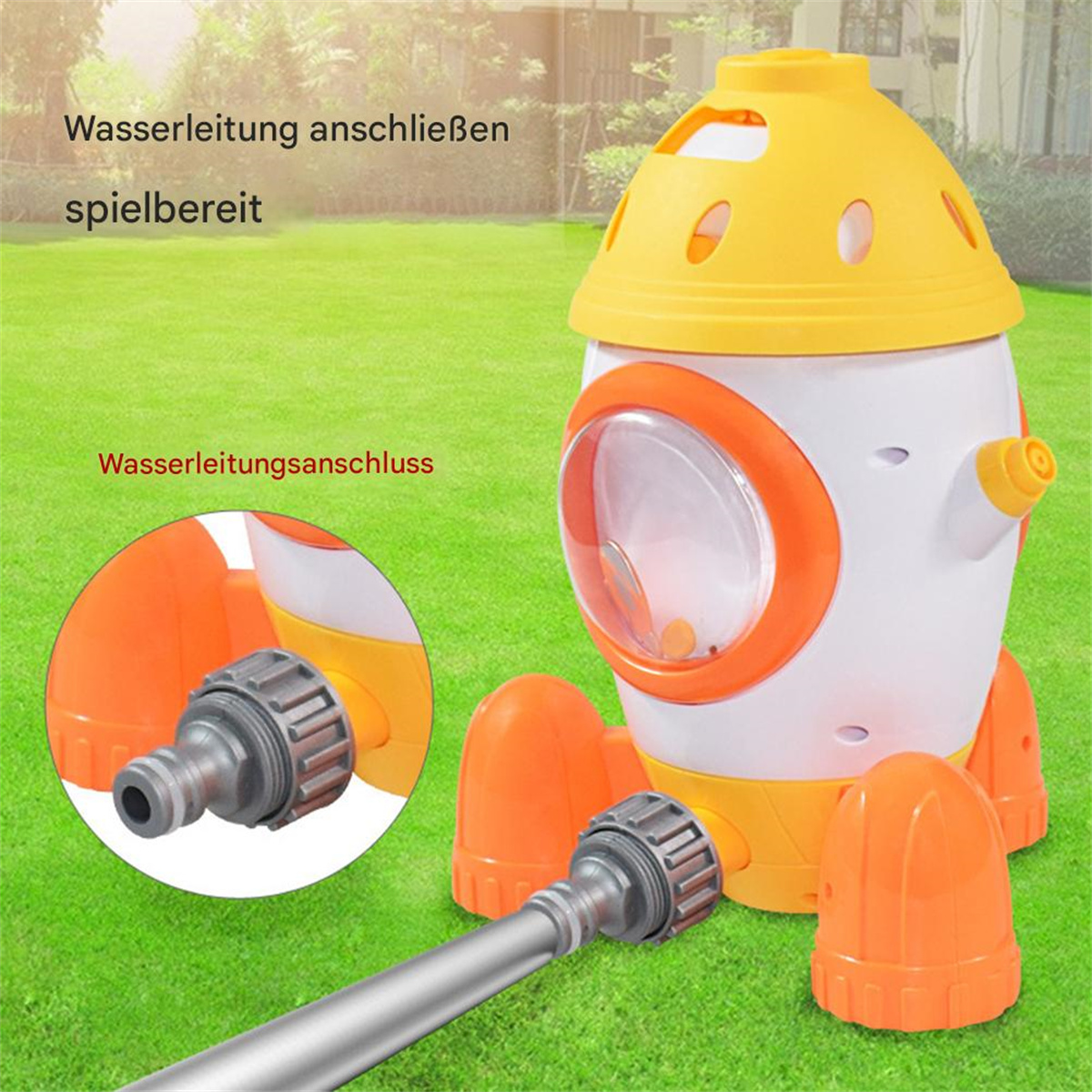 Raketen-Sprinklerspielzeug mit Schlauchanschlussdetails, grüner Gras-Hintergrund.