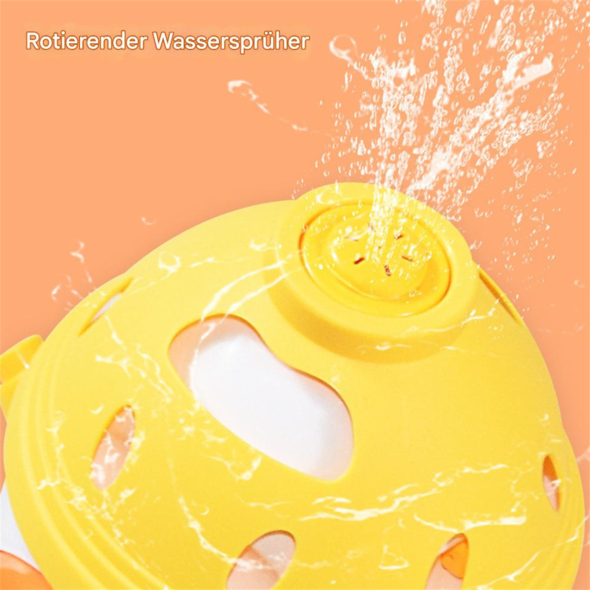 Gelbes Sprinklerspielzeug, Spritzwasser, orangefarbener Hintergrund.