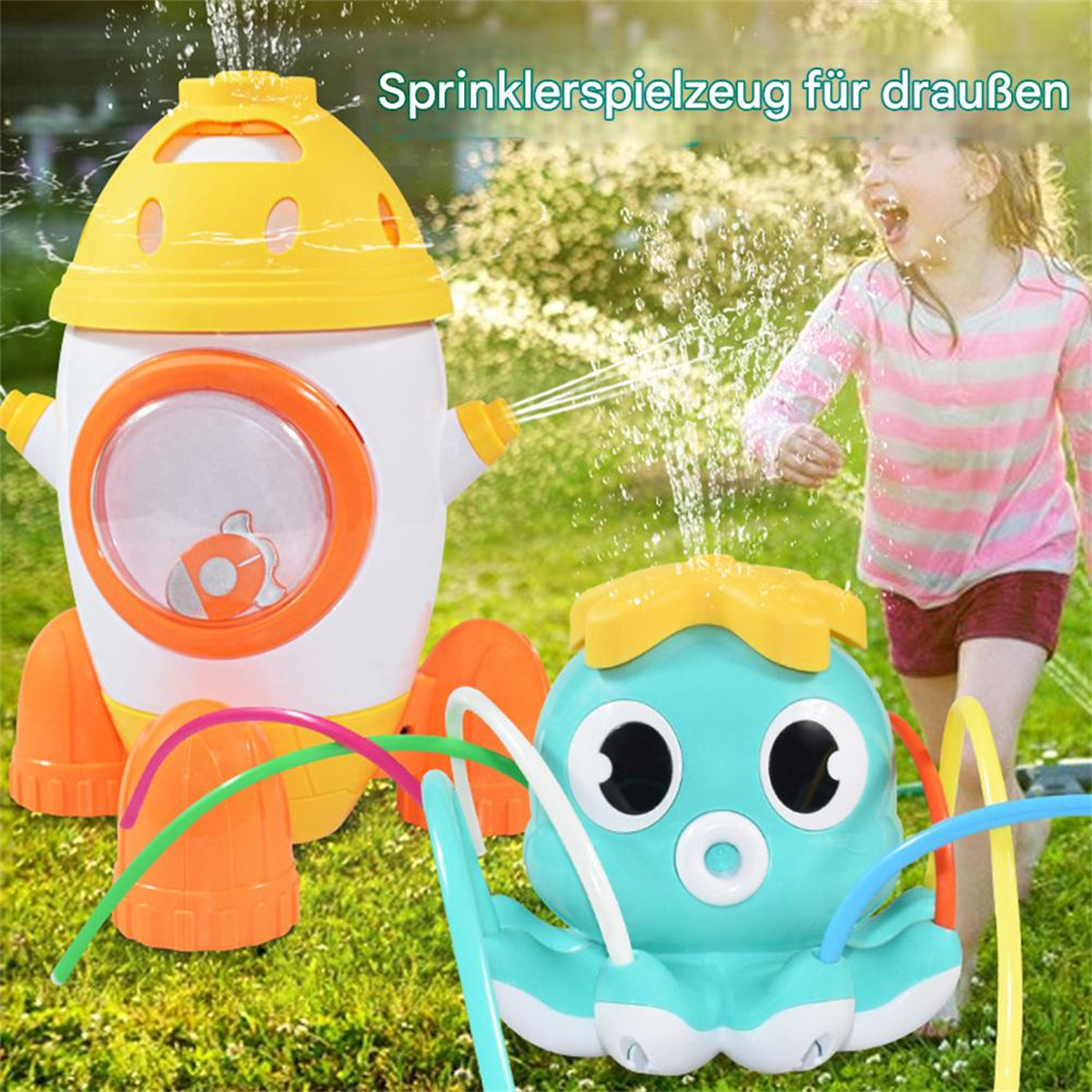 Zwei Wassersprinkler-Spielzeuge, ein Kind spielt, grüner Gras-Hintergrund.