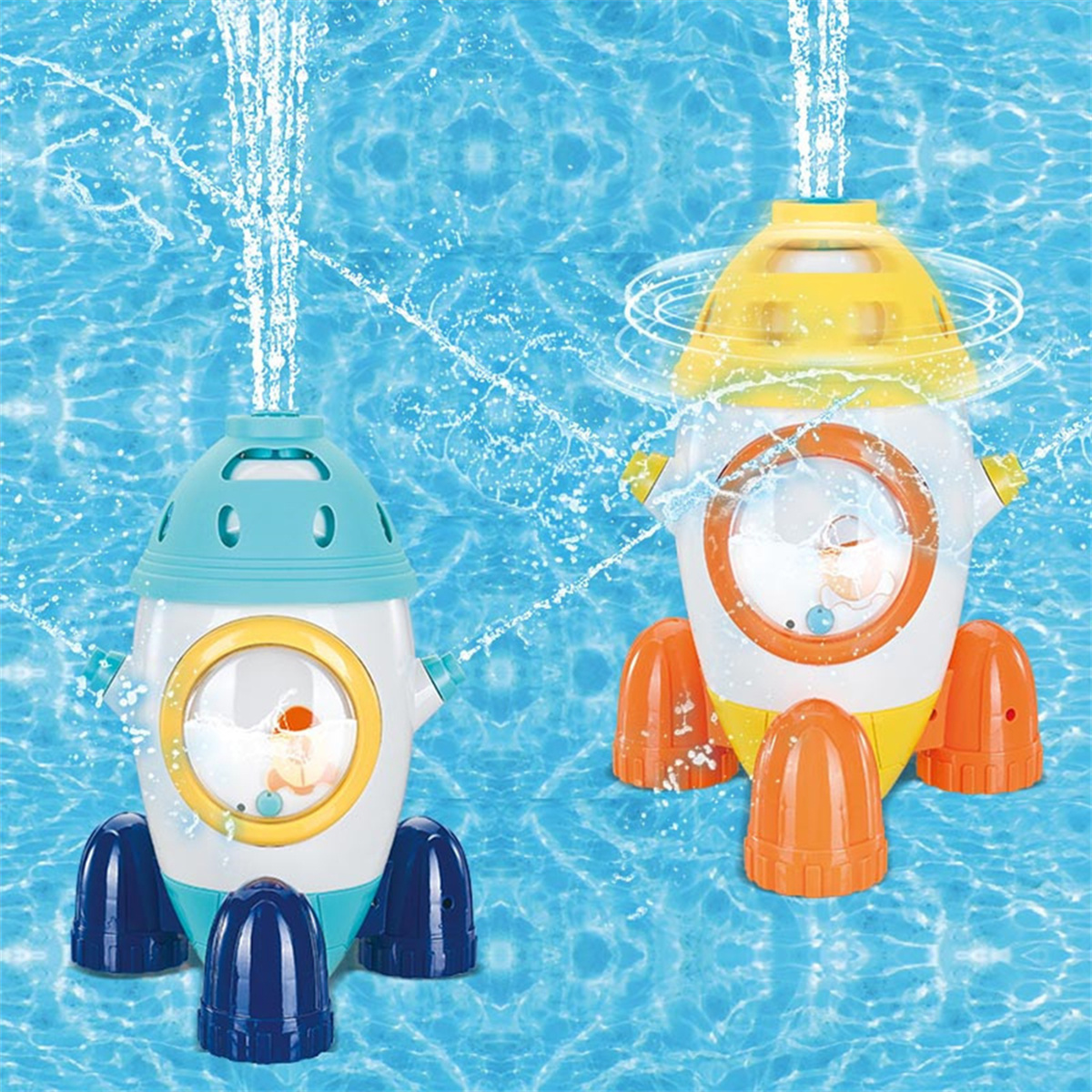 Zwei Wassersprinkler-Spielzeuge, Wasser spritzt, blauer Wasserhintergrund.