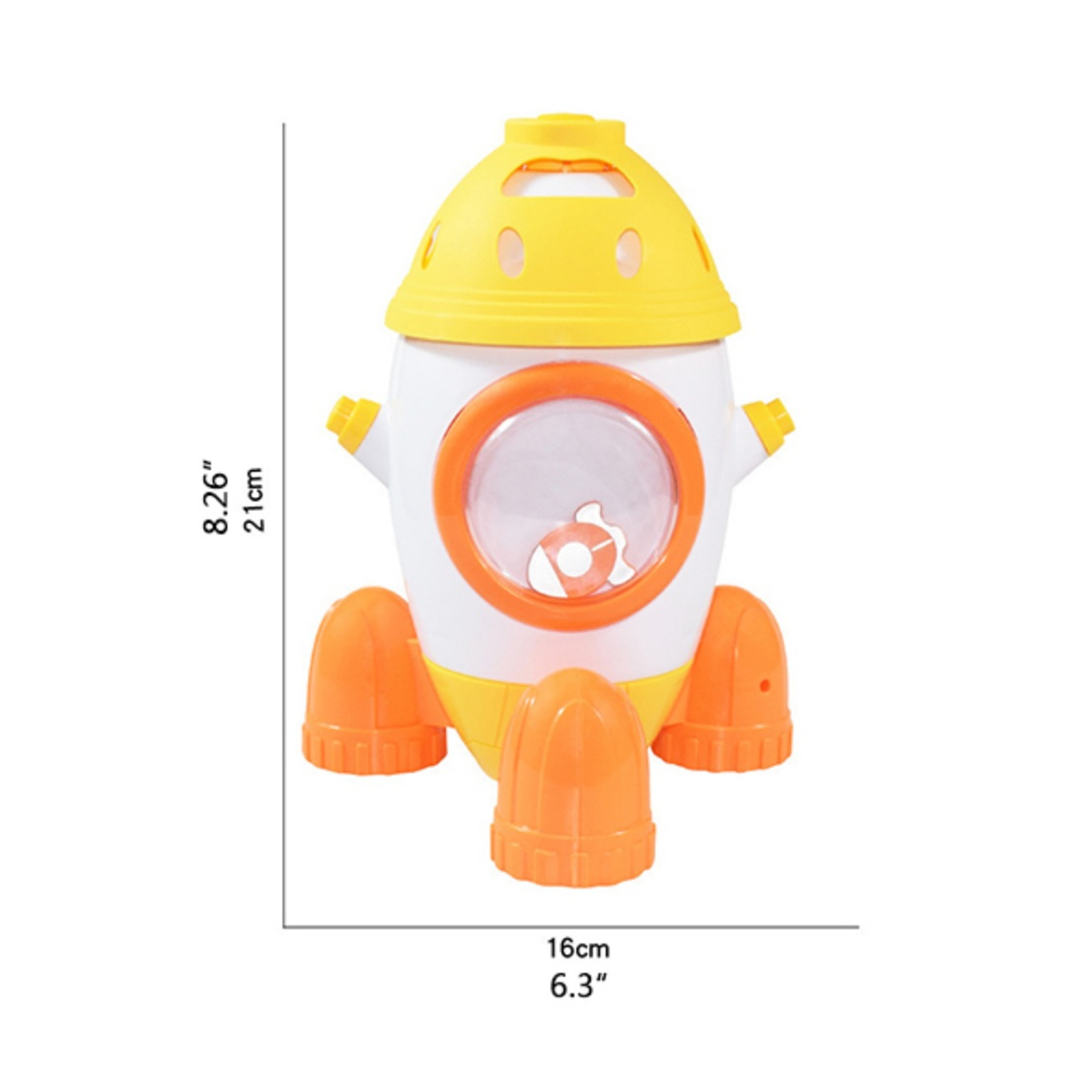 Eine gelb-weiße Spielzeugrakete mit den Maßen: 21 cm hoch und 16 cm breit.