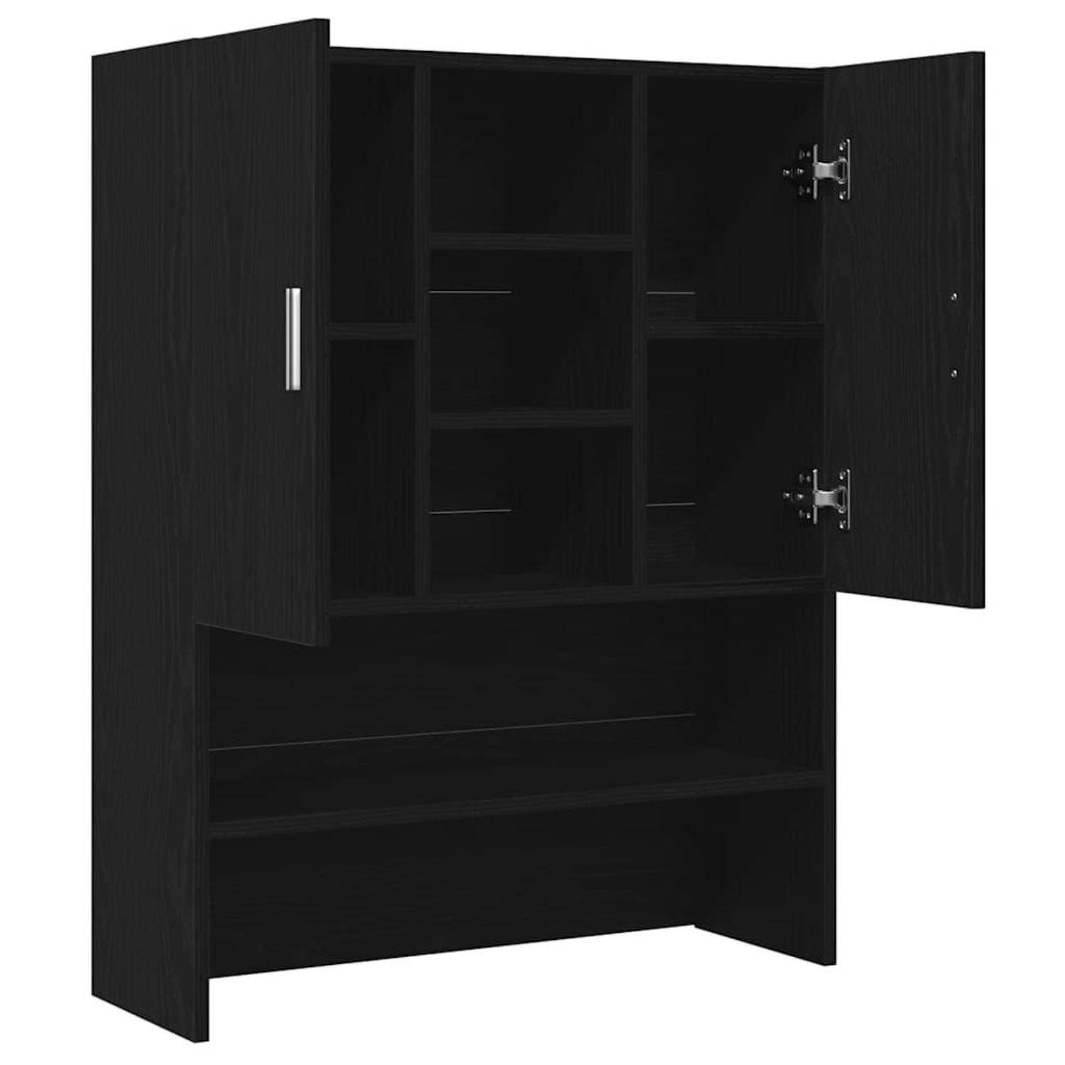 Schwarzer Schrank mit offenen Türen, zeigt Fächer. Innenraum und Scharniere sind sichtbar.