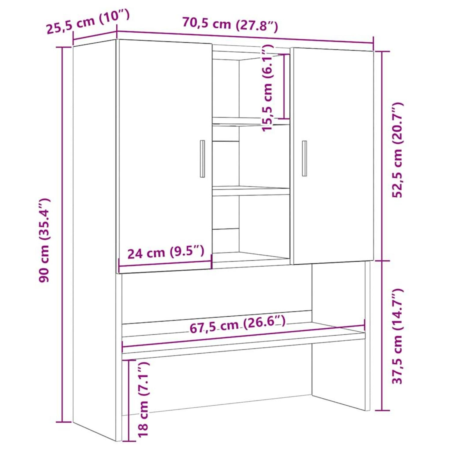 Weißer Schrank mit Abmessungen in Zentimetern und Zoll.