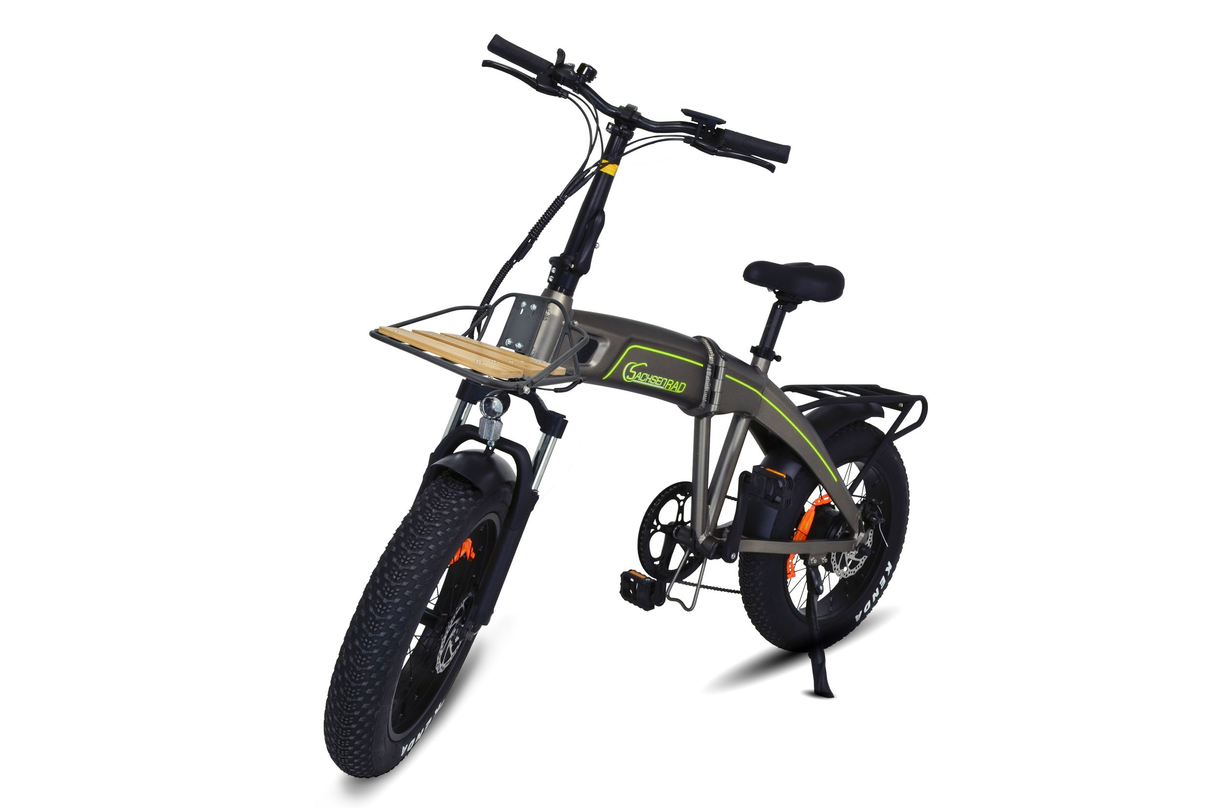 Graues Elektrofahrrad mit Holzplattform.