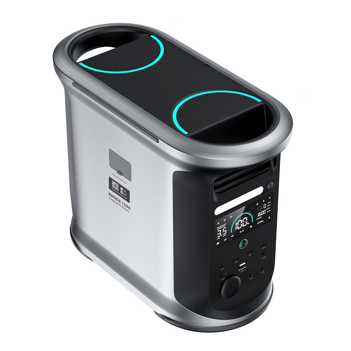 Srebrna stacja zasilania z czarnym blatem, z cyfrowym wyświetlaczem i wieloma portami.