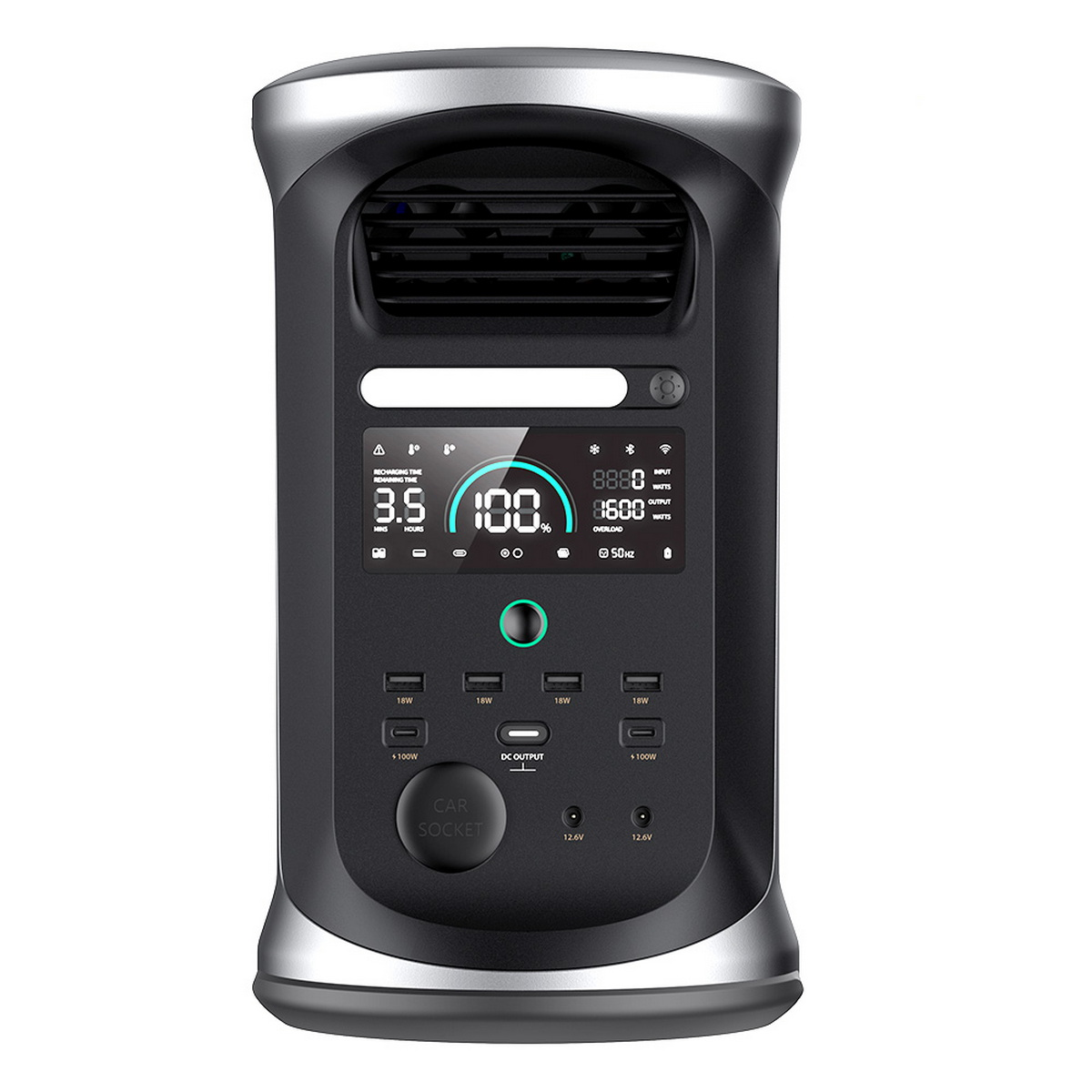 Czarna i srebrna stacja zasilania z cyfrowym wyświetlaczem i portami, na białym tle.