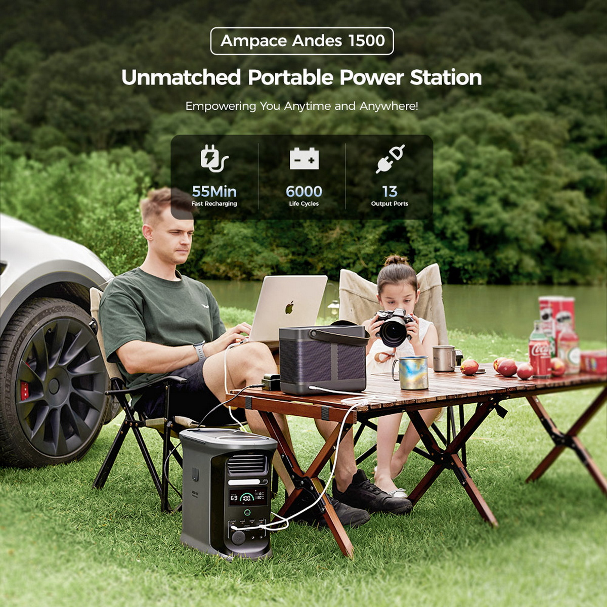 Ludzie siedzący przy stole ze stacją zasilania, używający laptopa i robiący zdjęcia.