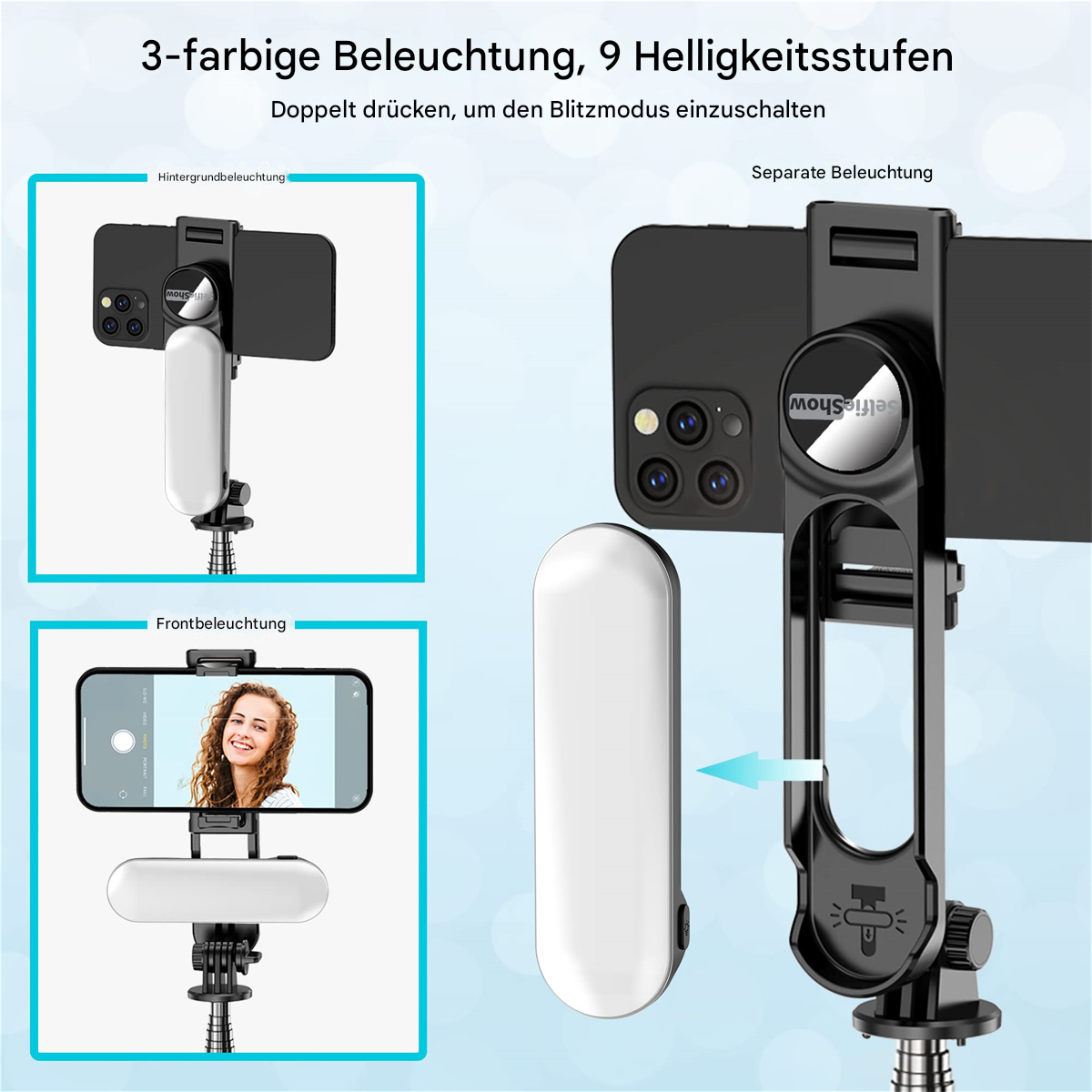 Das Bild zeigt zwei Telefone mit Selfie-Sticks, eines mit Licht, das andere ohne. Text hebt Funktionen hervor.