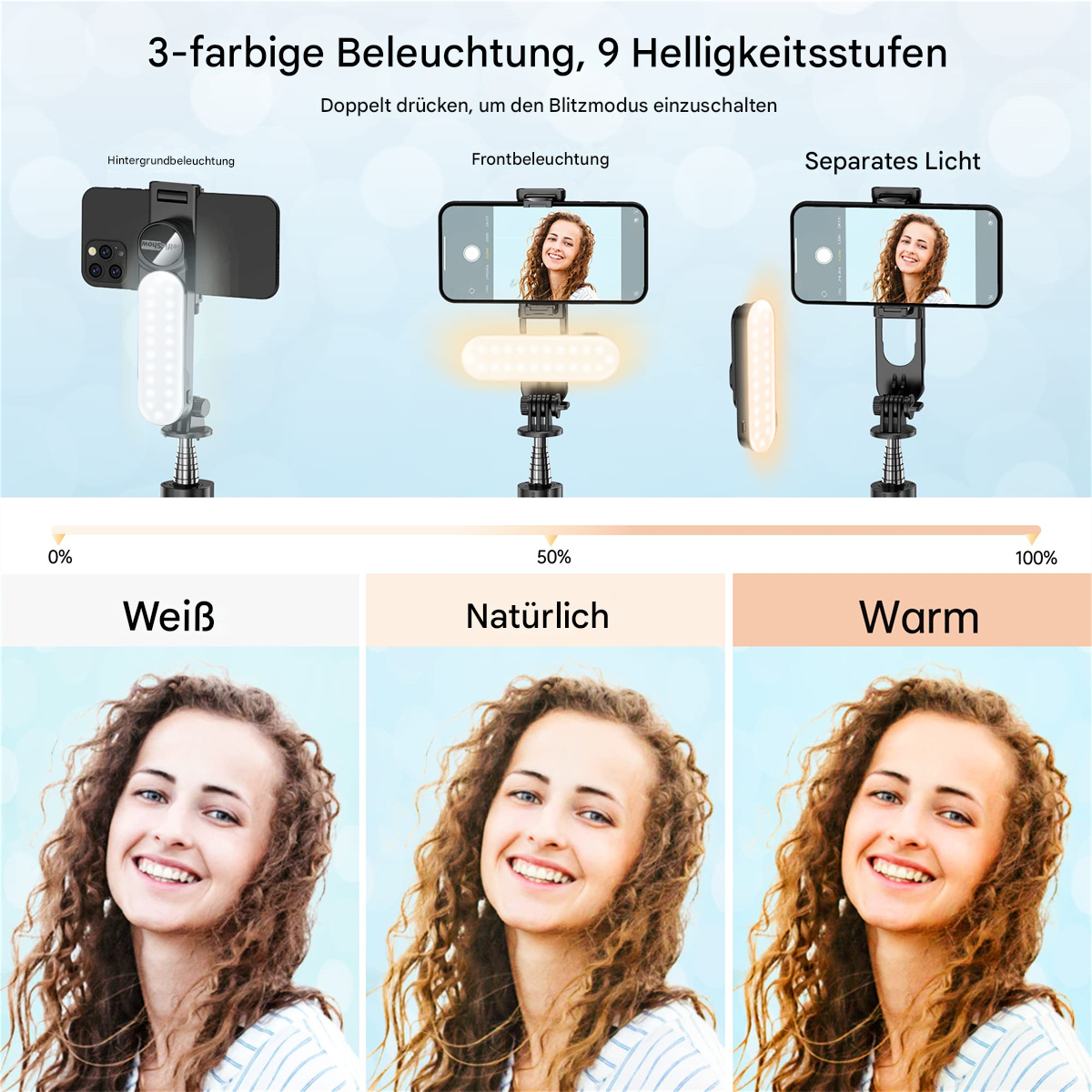 Eine Frau zeigt die verschiedenen Beleuchtungsmodi eines Telefons. Die Hintergrundfarbe ändert sich mit jedem Modus.