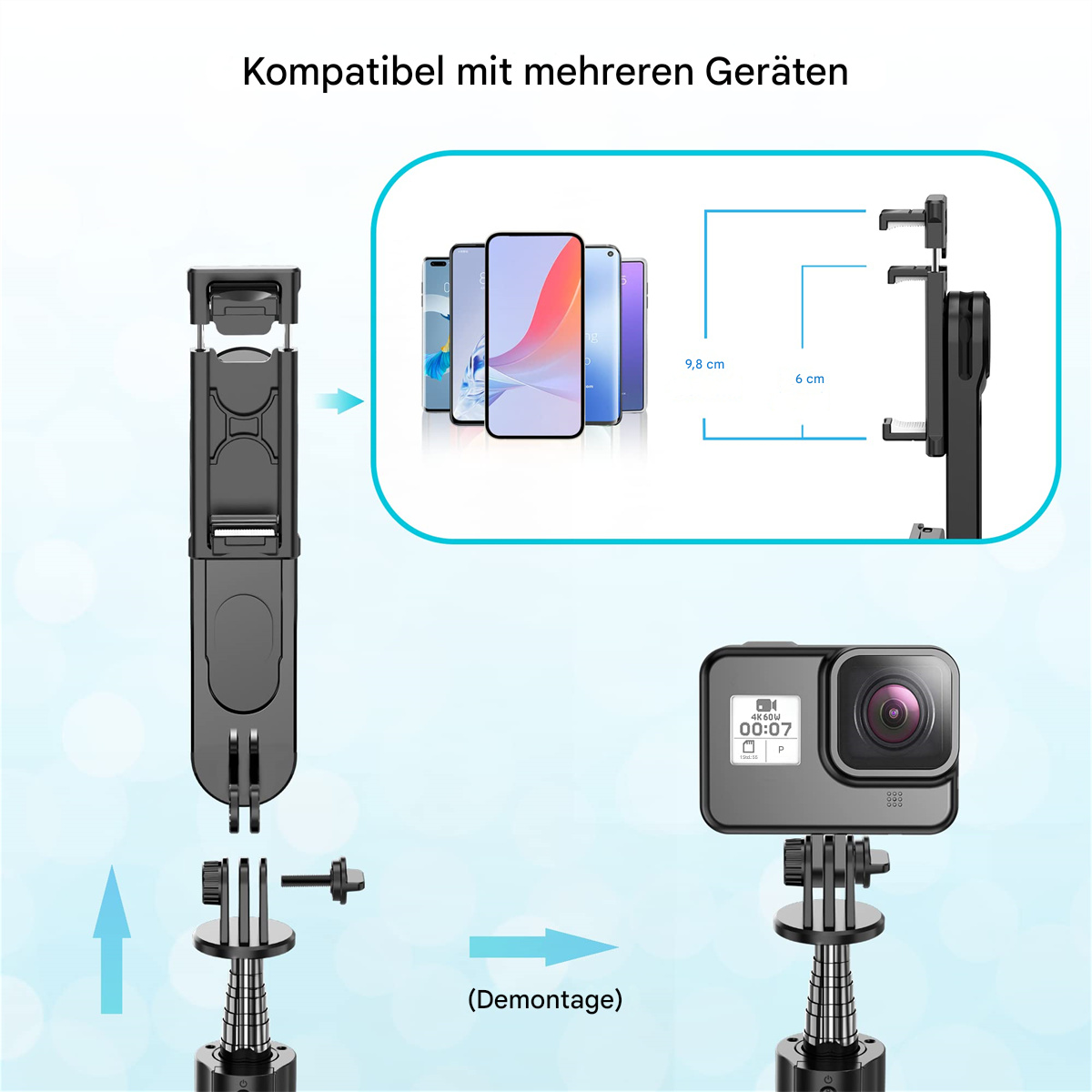 Zerlegter Selfie-Stick mit Telefon und Kamera, Kompatibilität mit Geräten zeigend.