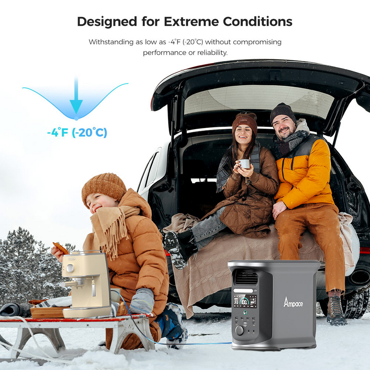 Rodzina siedzi w pobliżu przenośnej stacji zasilania w zaśnieżonym otoczeniu. Jedna osoba trzyma kubek.