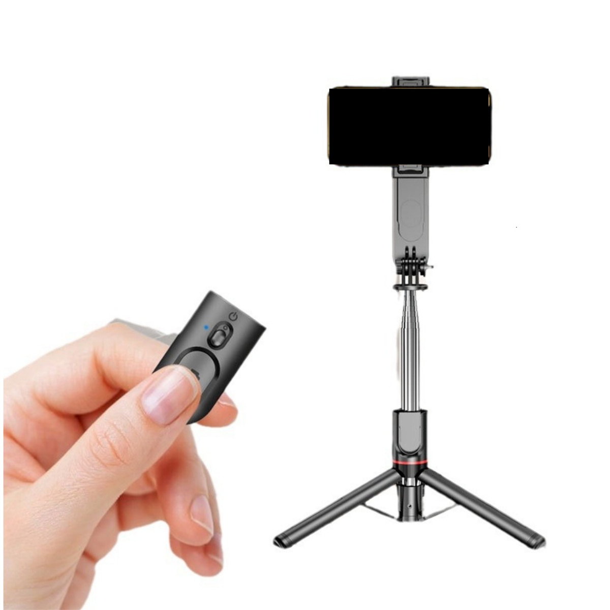 Hand hält kleine schwarze Fernbedienung und Selfie-Stick mit Telefon, alles auf weißem Hintergrund.