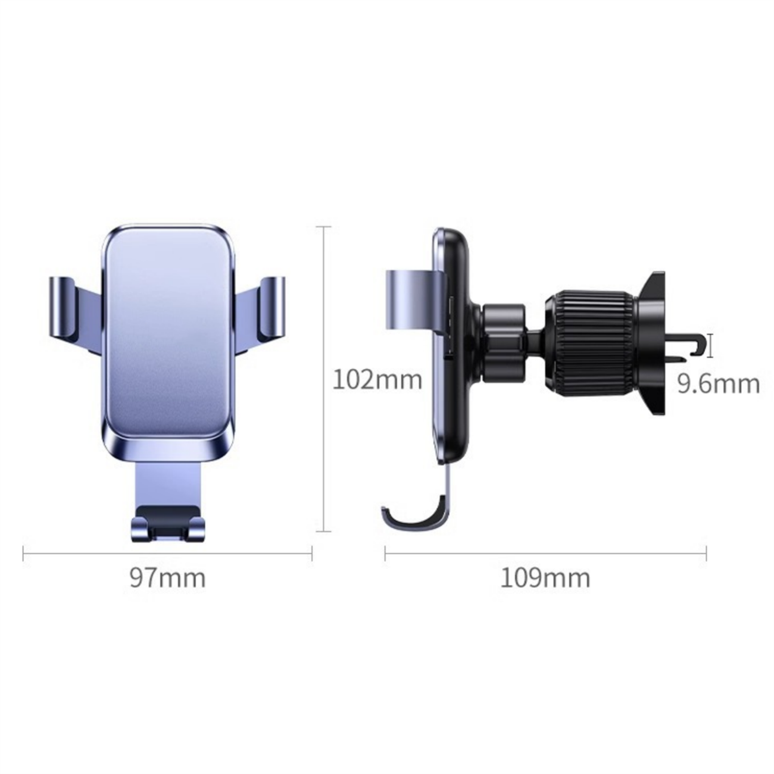 Abmessungen einer Autotelefonhalterung. Breite 97 mm, Höhe 102 mm, Tiefe 109 mm und 9,6 mm hinten.