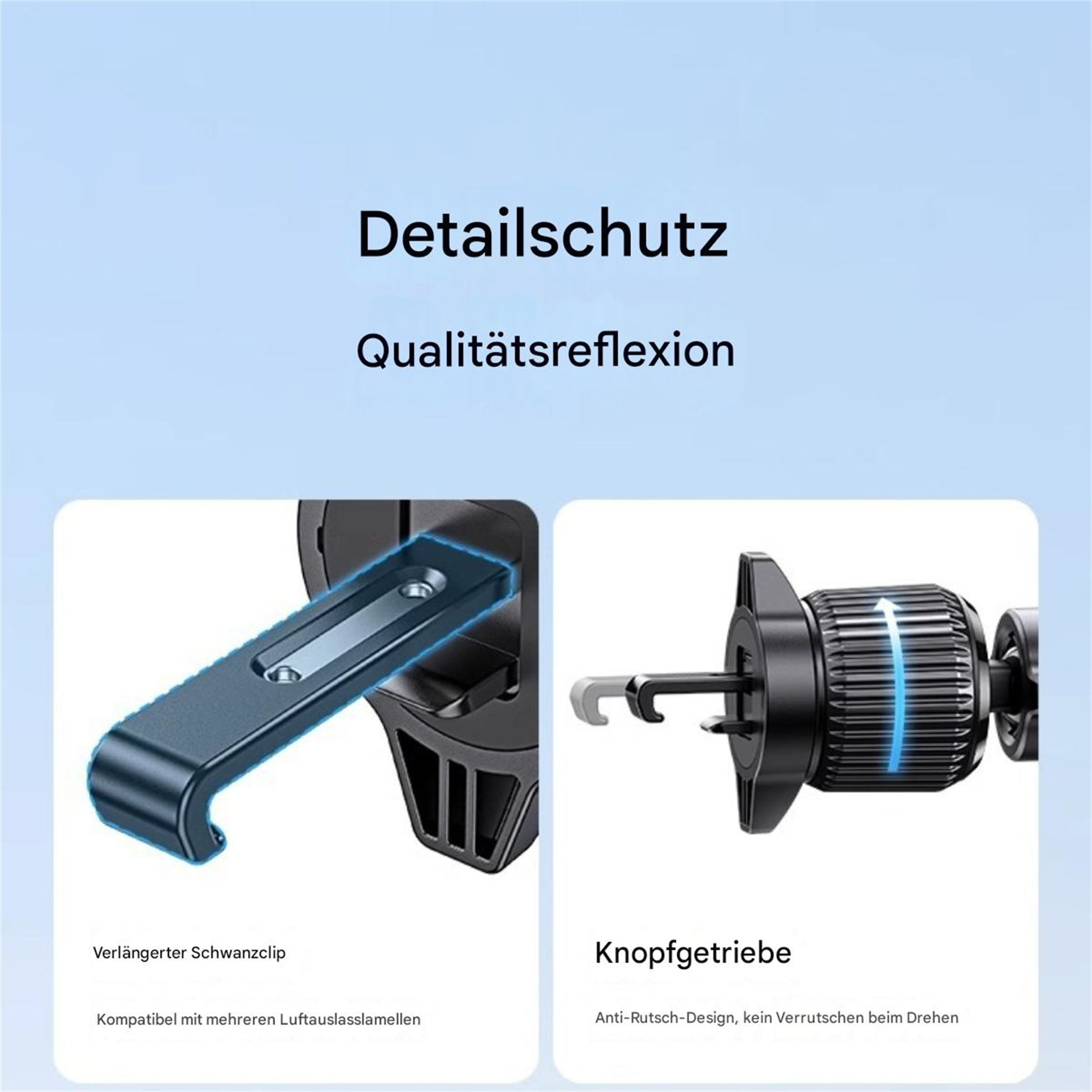 Bilder einer Kfz-Lüftungsschlitzhalterung mit Details zu ihrem verlängerten Clip und rutschfesten Design.