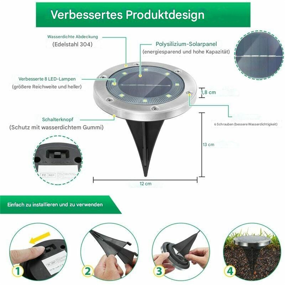 Diagramm einer Solarleuchte mit Beschriftungen, die Komponenten und Abmessungen zeigen.