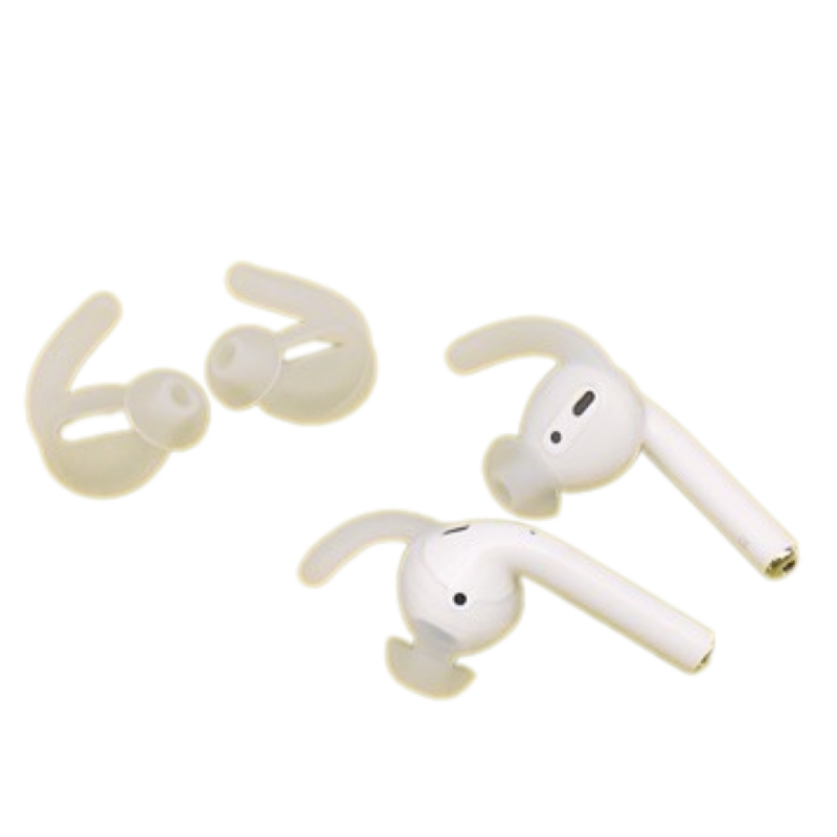 Białe końcówki do słuchawek i dwa białe AirPods. Końcówki mają różne kształty i rozmiary.